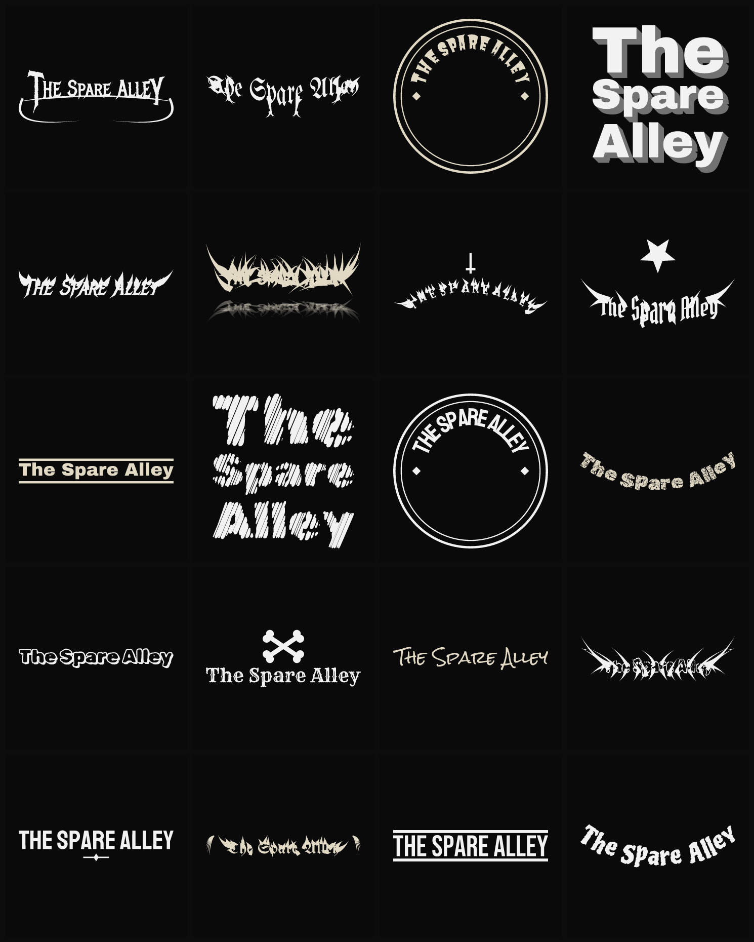 Twenty The Spare Alley band logo ideas — different faces, treatments and spike settings