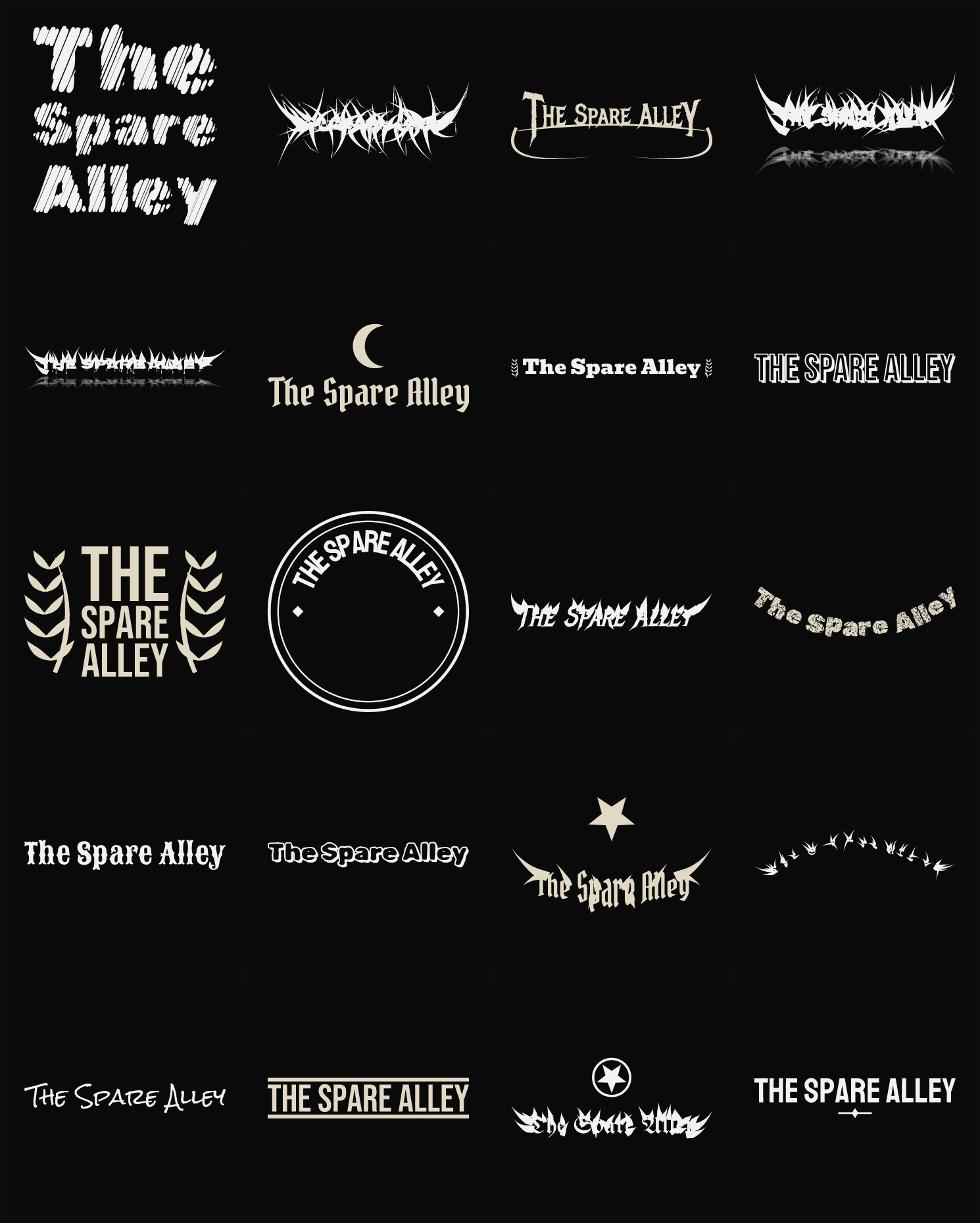 Twenty The Spare Alley band logo ideas — different faces, treatments and spike settings