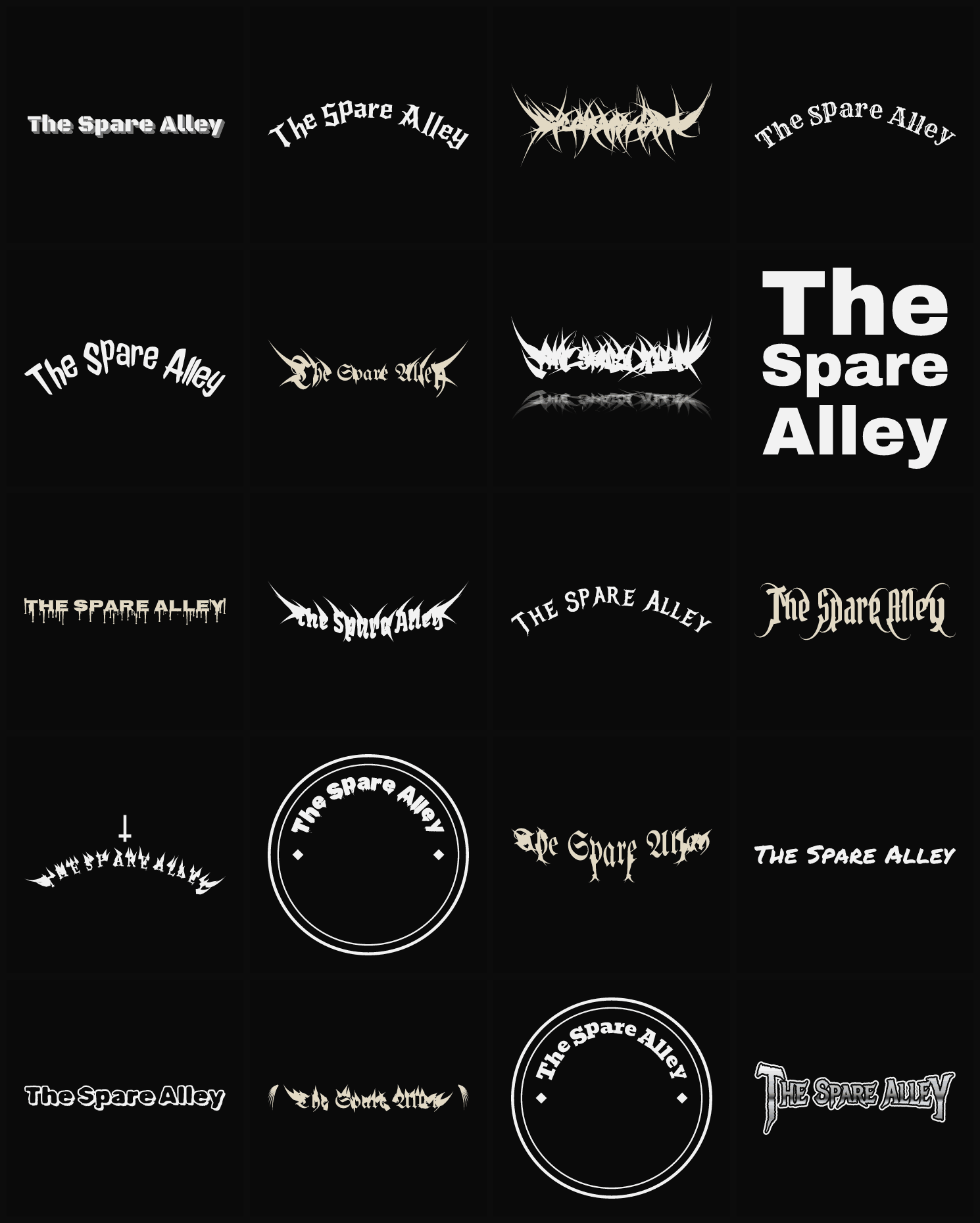 Twenty The Spare Alley band logo ideas — different faces, treatments and spike settings