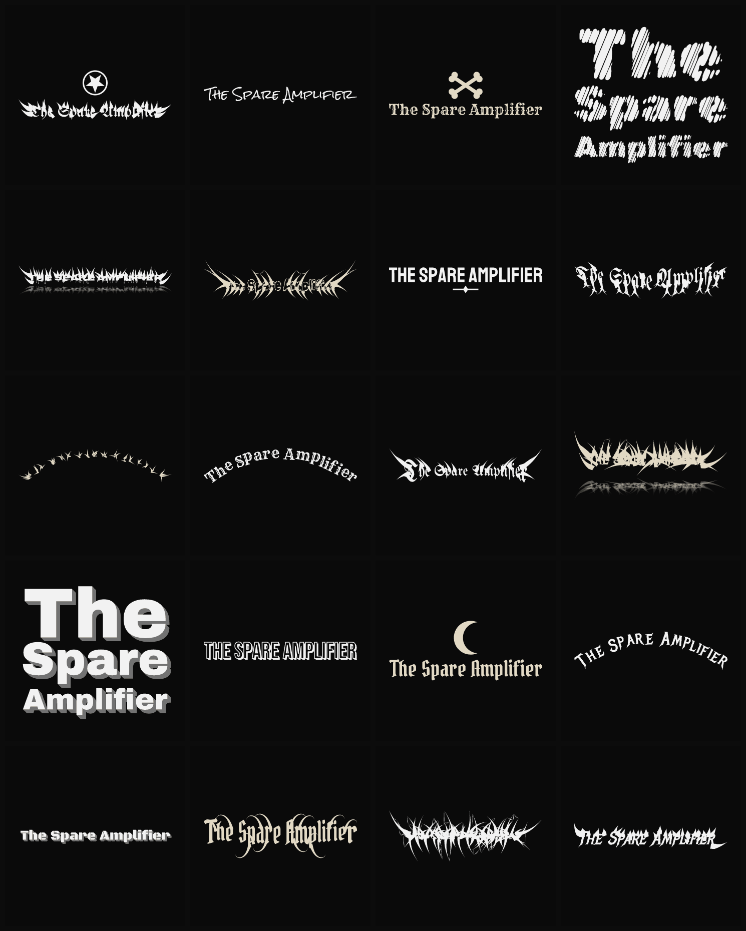 Twenty The Spare Amplifier band logo ideas — different faces, treatments and spike settings