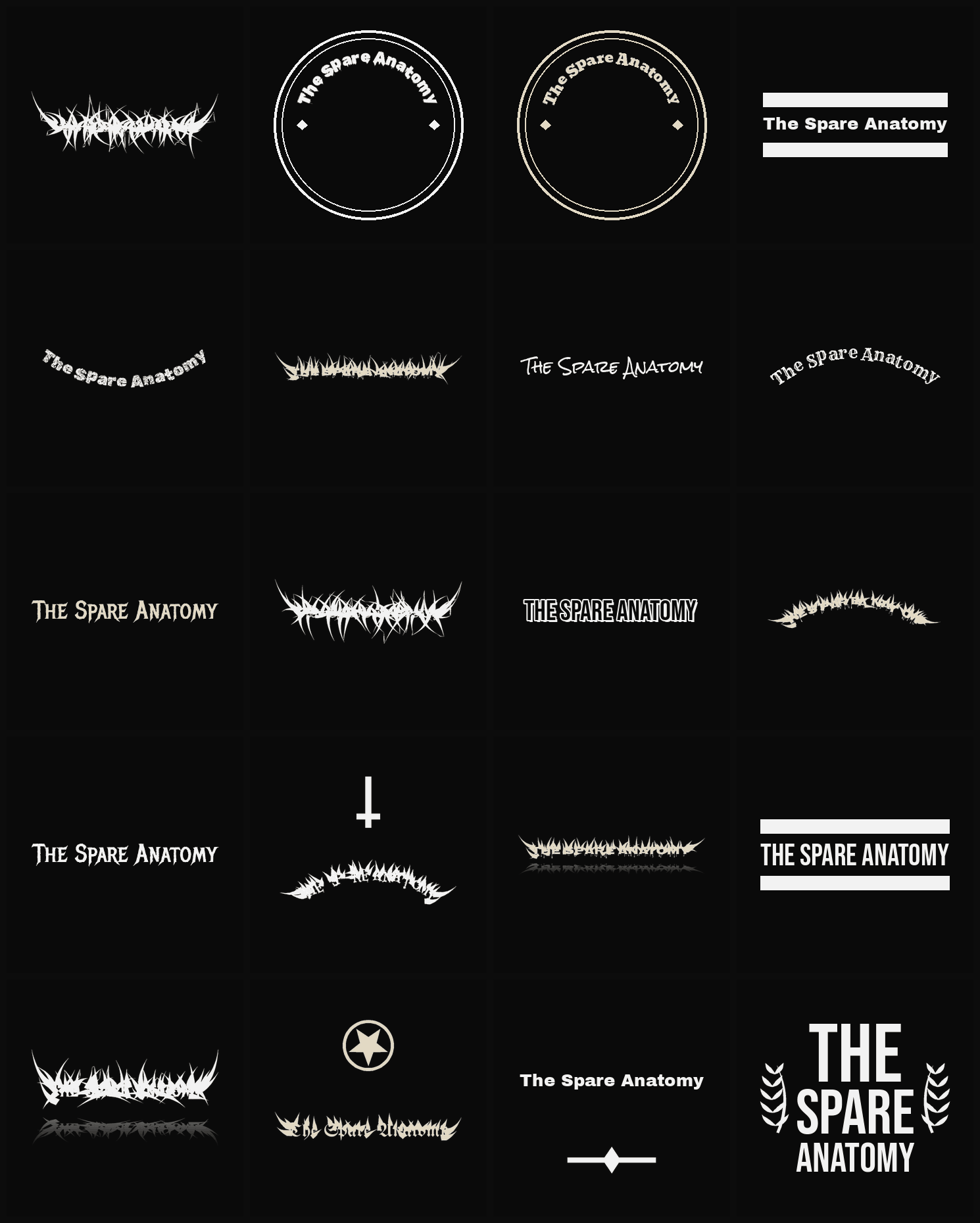 Twenty The Spare Anatomy band logo ideas — different faces, treatments and spike settings