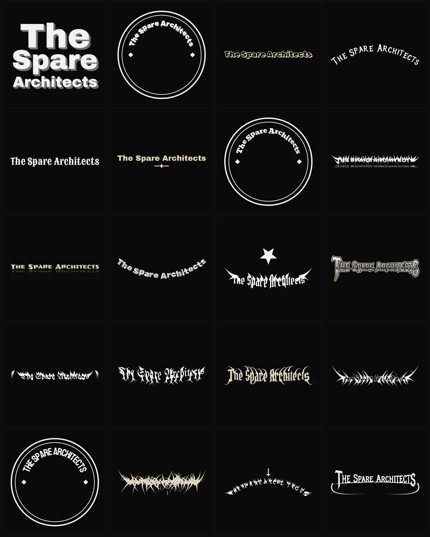 Twenty The Spare Architects band logo ideas — different faces, treatments and spike settings