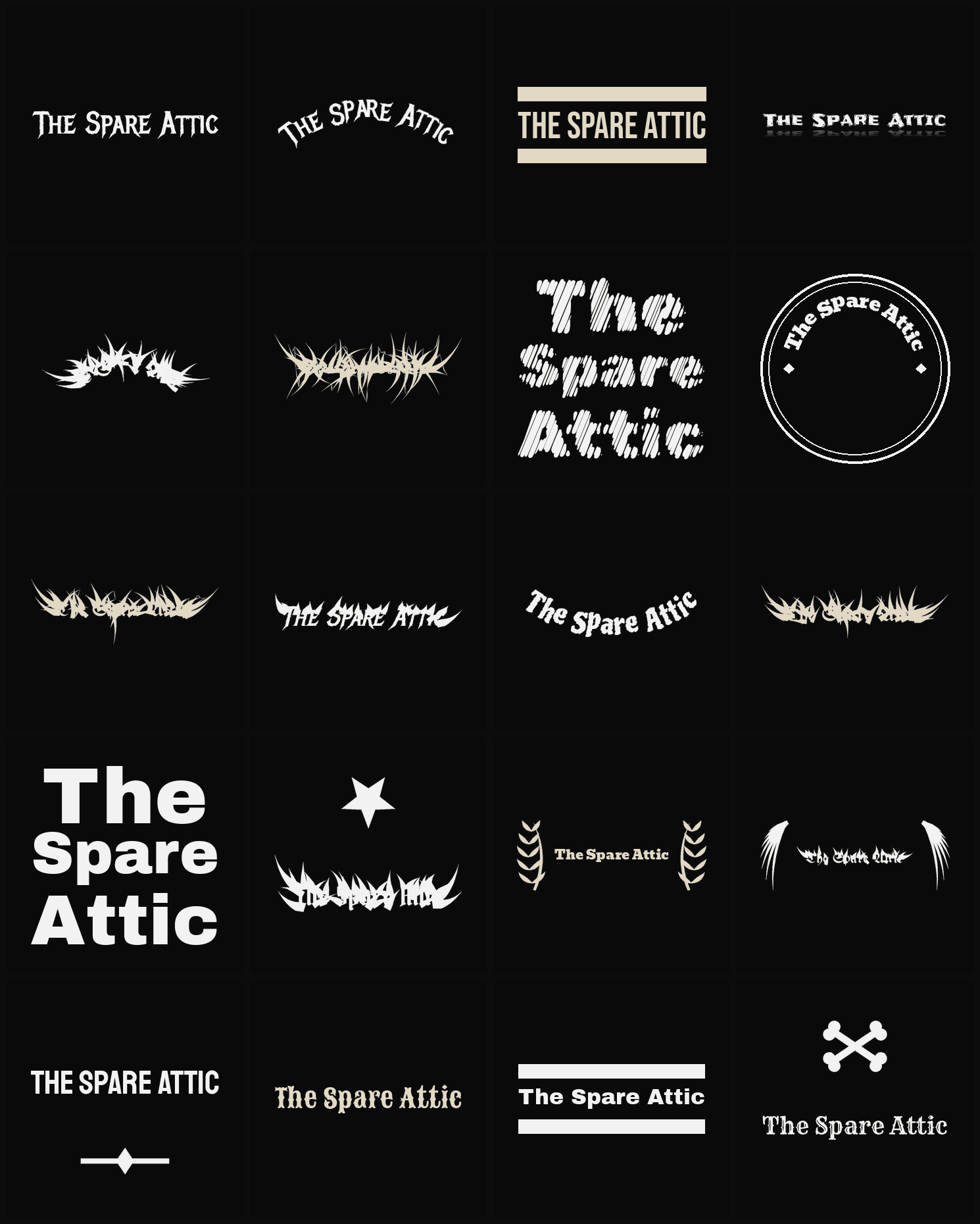 Twenty The Spare Attic band logo ideas — different faces, treatments and spike settings