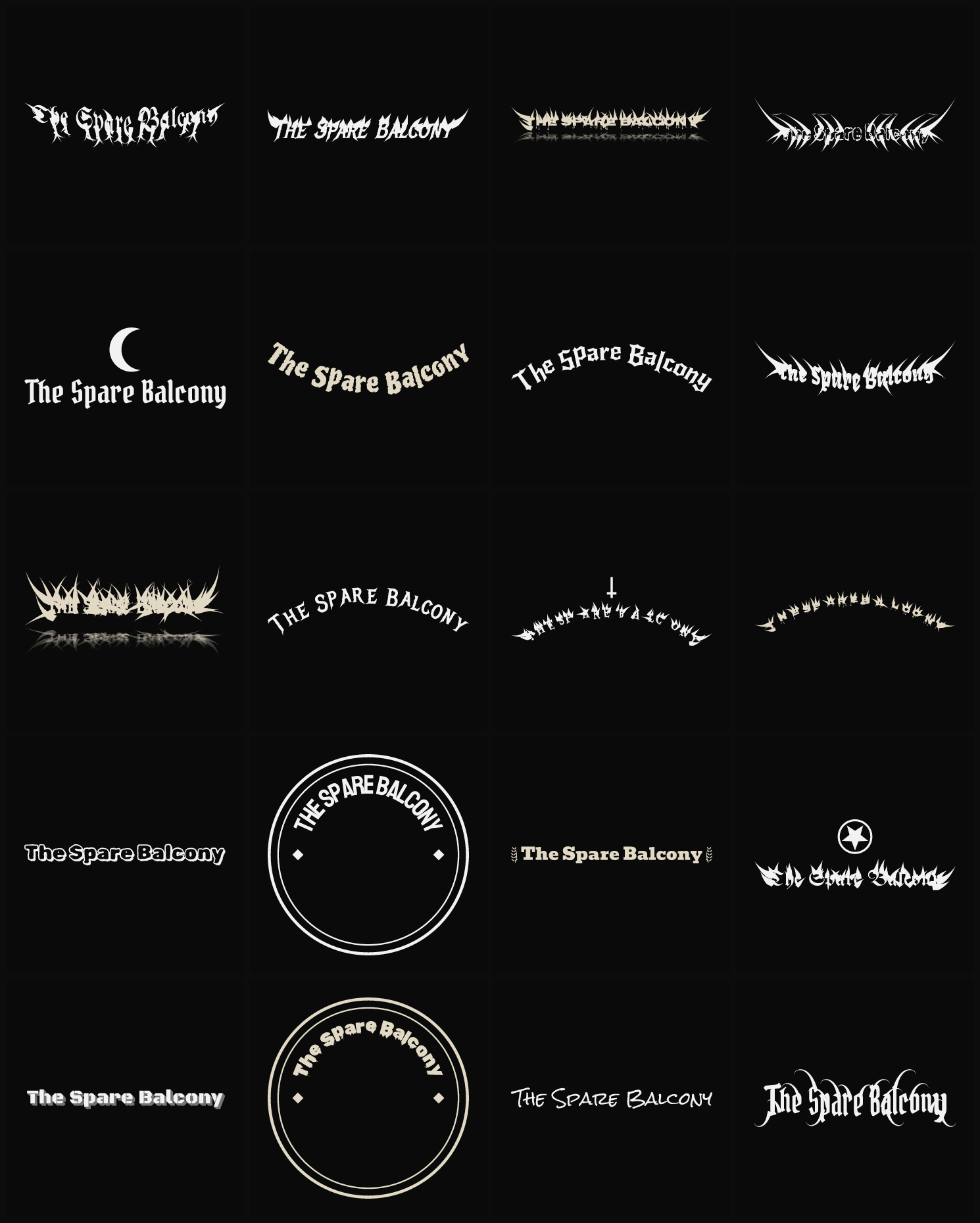 Twenty The Spare Balcony band logo ideas — different faces, treatments and spike settings