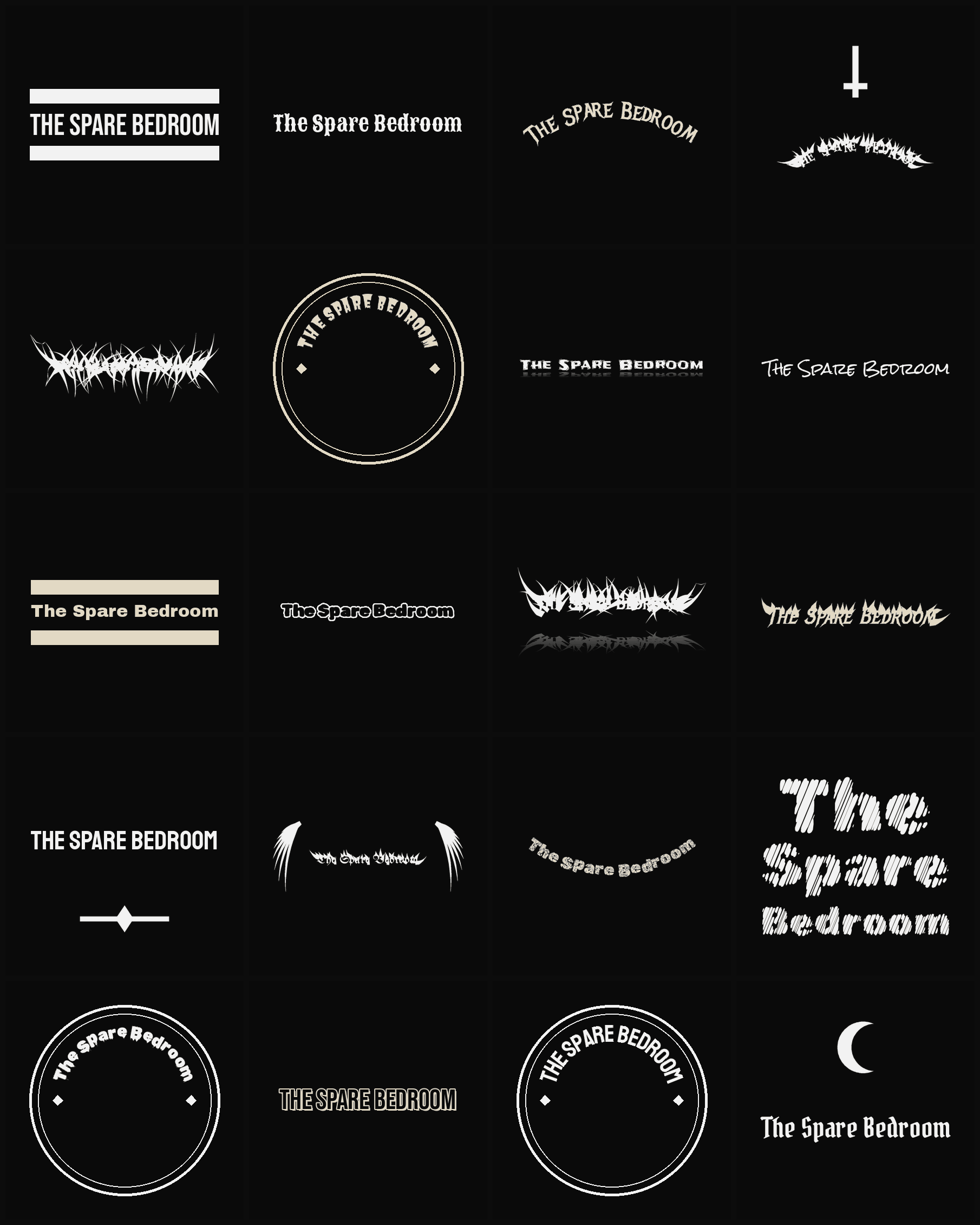 Twenty The Spare Bedroom band logo ideas — different faces, treatments and spike settings