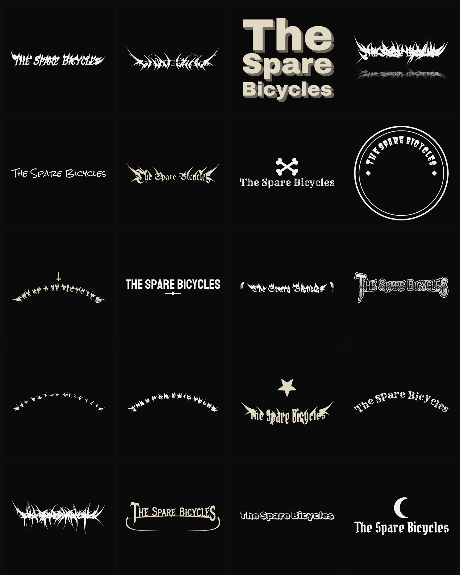 Twenty The Spare Bicycles band logo ideas — different faces, treatments and spike settings