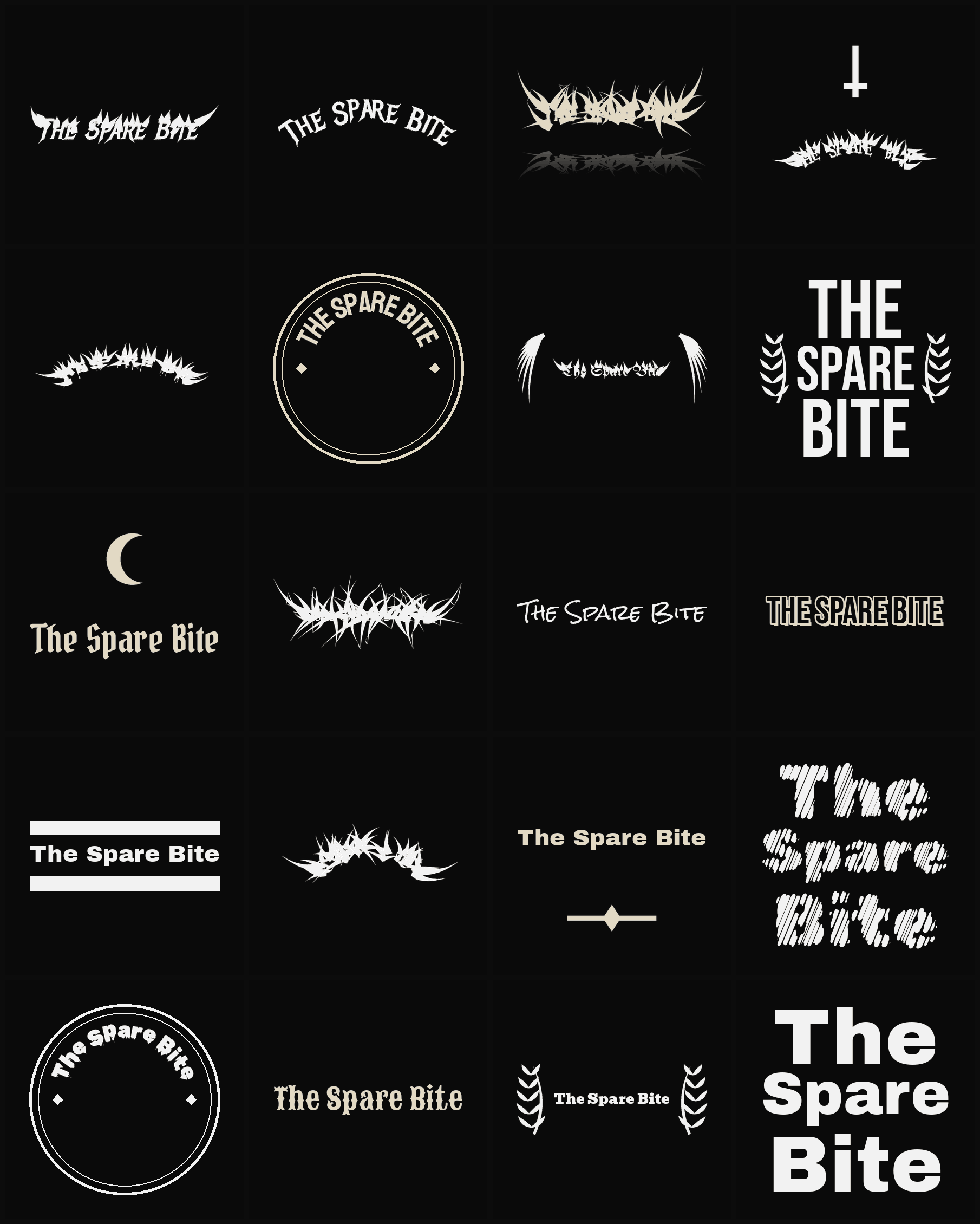 Twenty The Spare Bite band logo ideas — different faces, treatments and spike settings