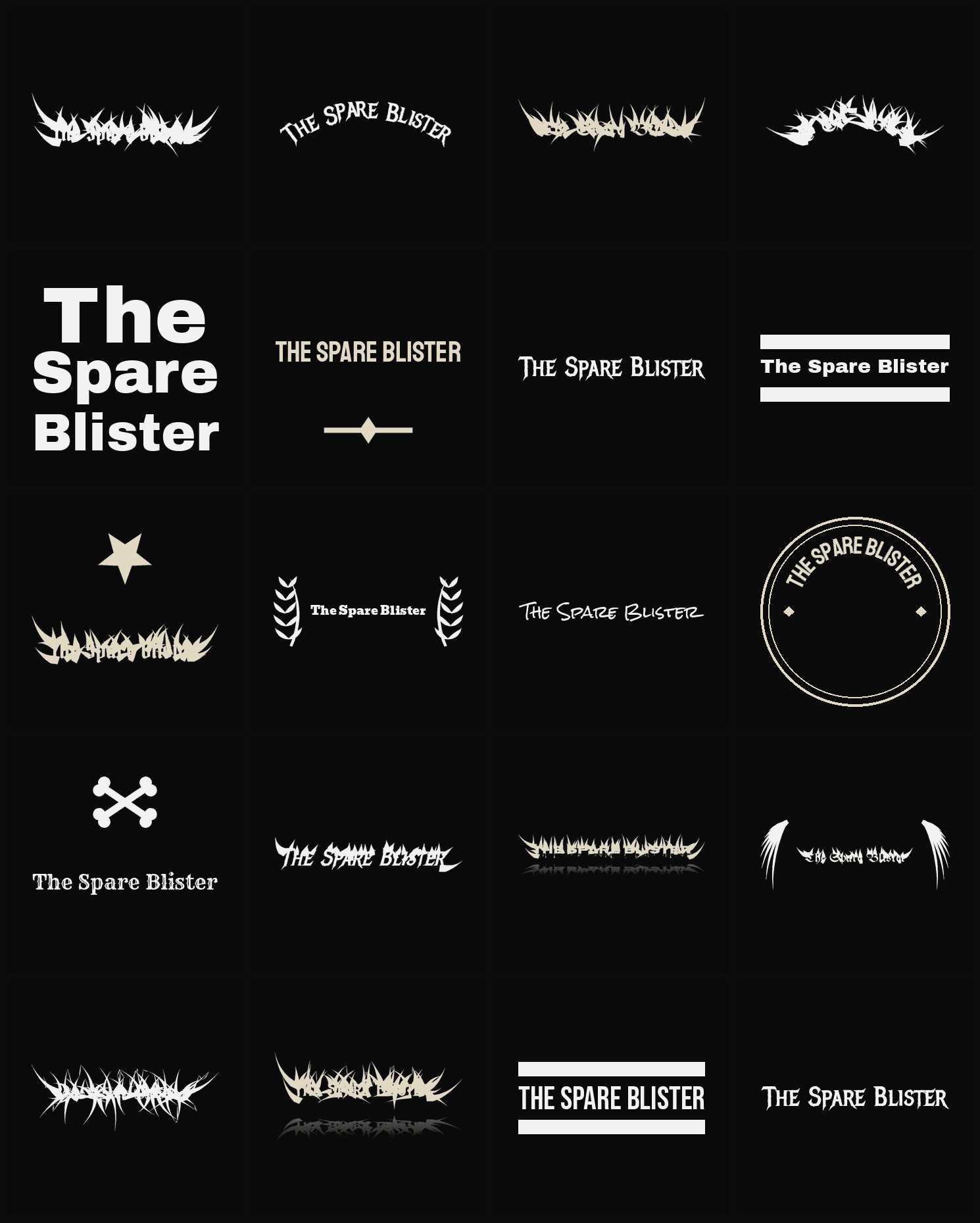Twenty The Spare Blister band logo ideas — different faces, treatments and spike settings
