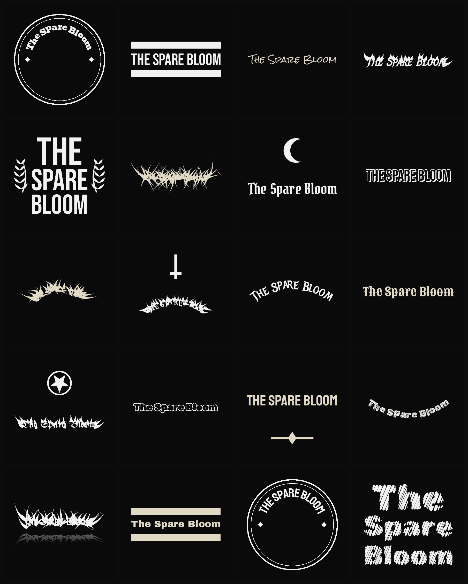 Twenty The Spare Bloom band logo ideas — different faces, treatments and spike settings
