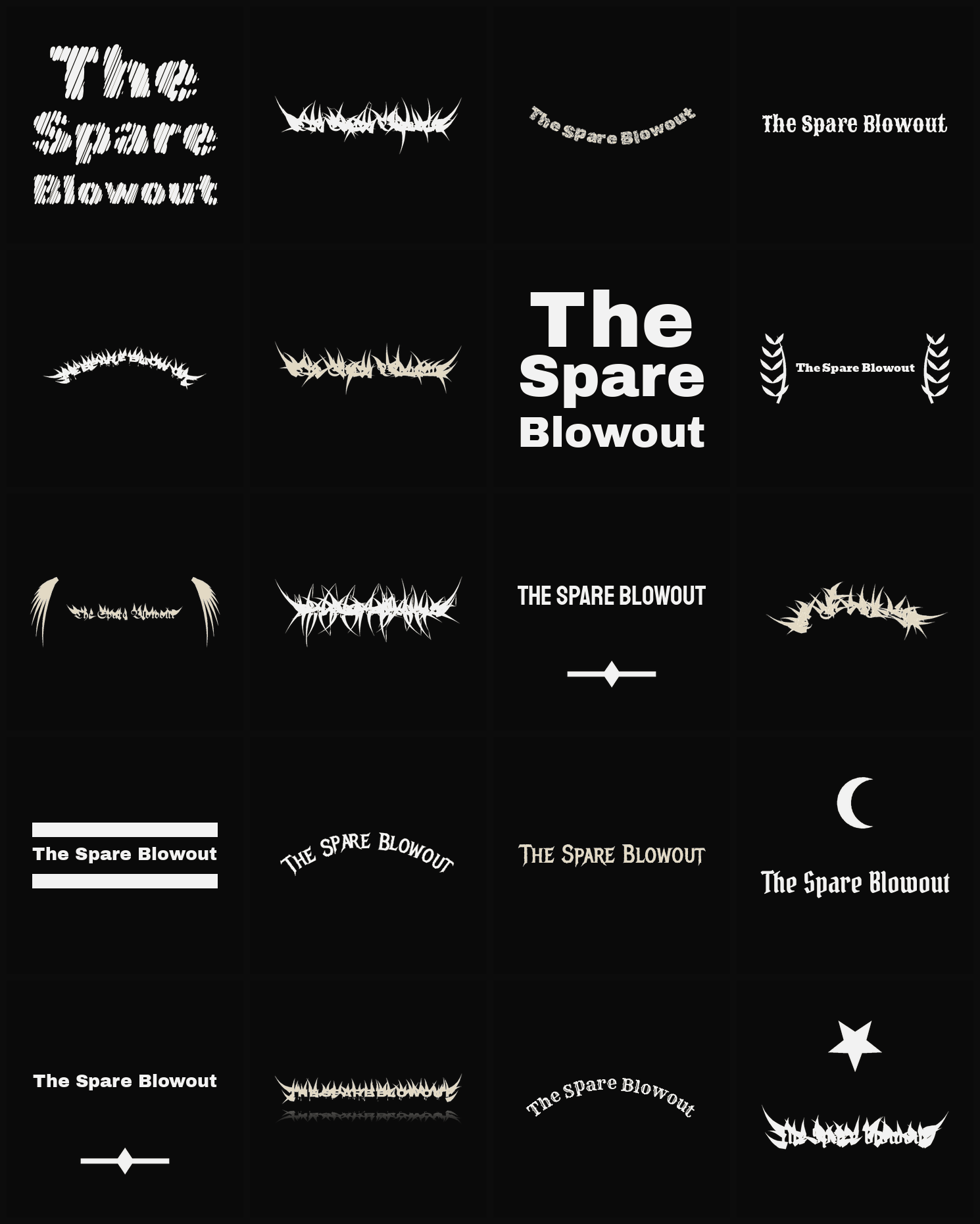 Twenty The Spare Blowout band logo ideas — different faces, treatments and spike settings