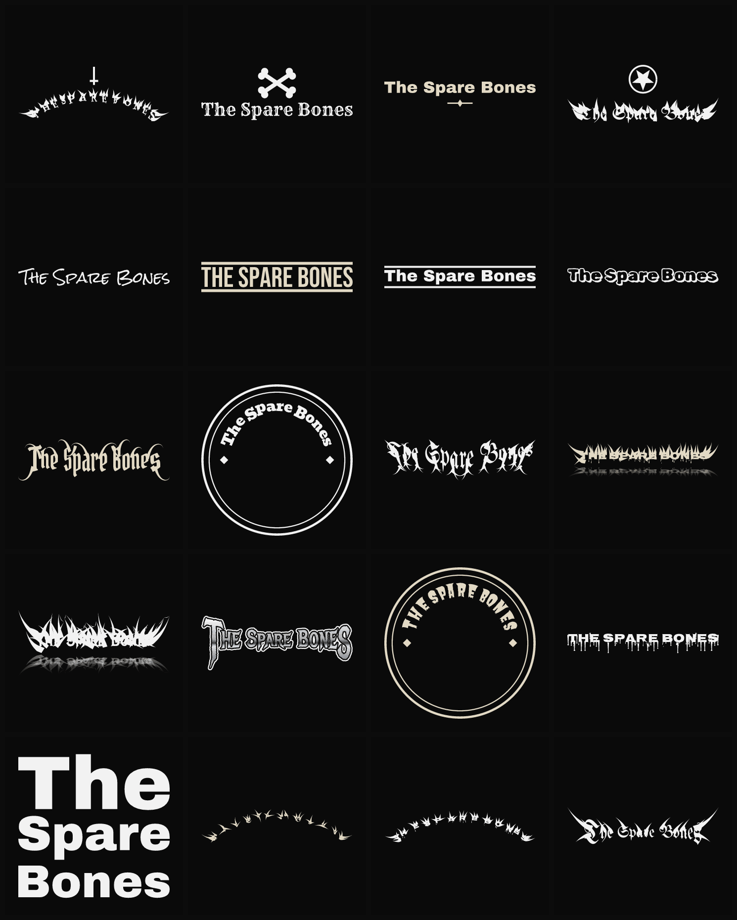 Twenty The Spare Bones band logo ideas — different faces, treatments and spike settings