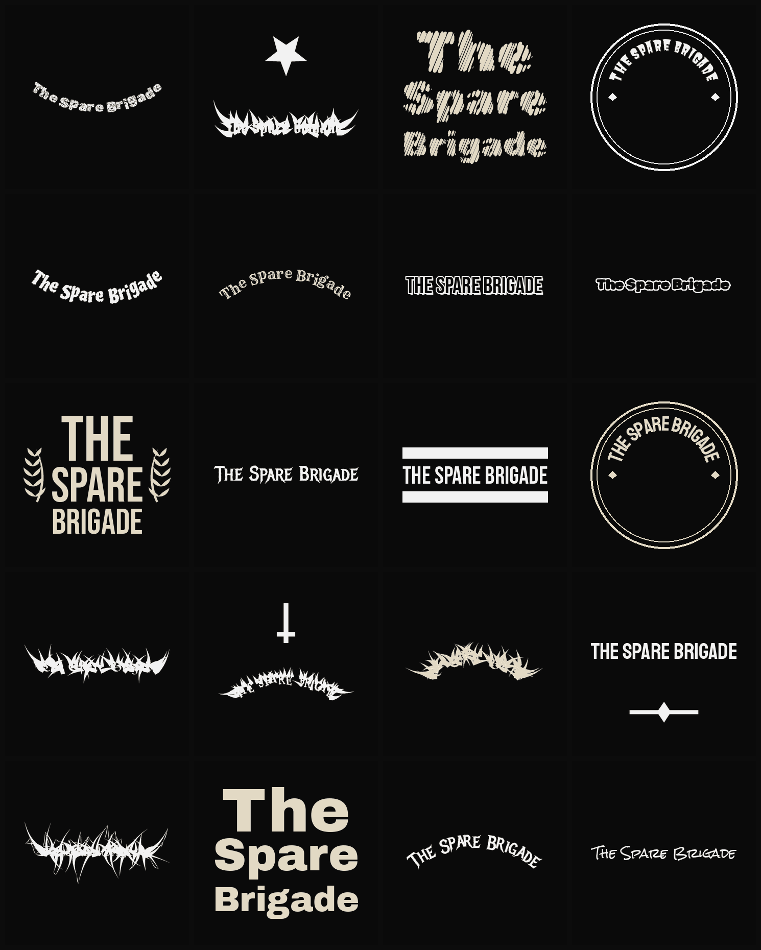 Twenty The Spare Brigade band logo ideas — different faces, treatments and spike settings