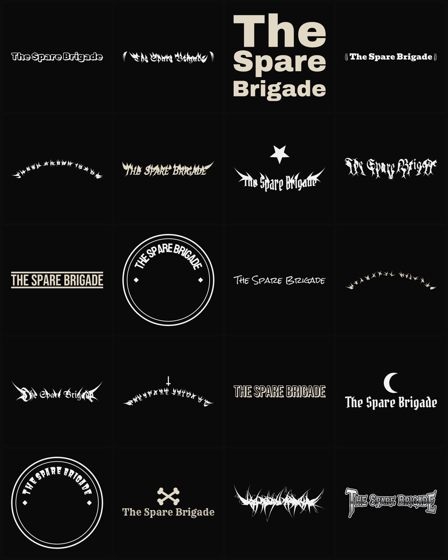 Twenty The Spare Brigade band logo ideas — different faces, treatments and spike settings