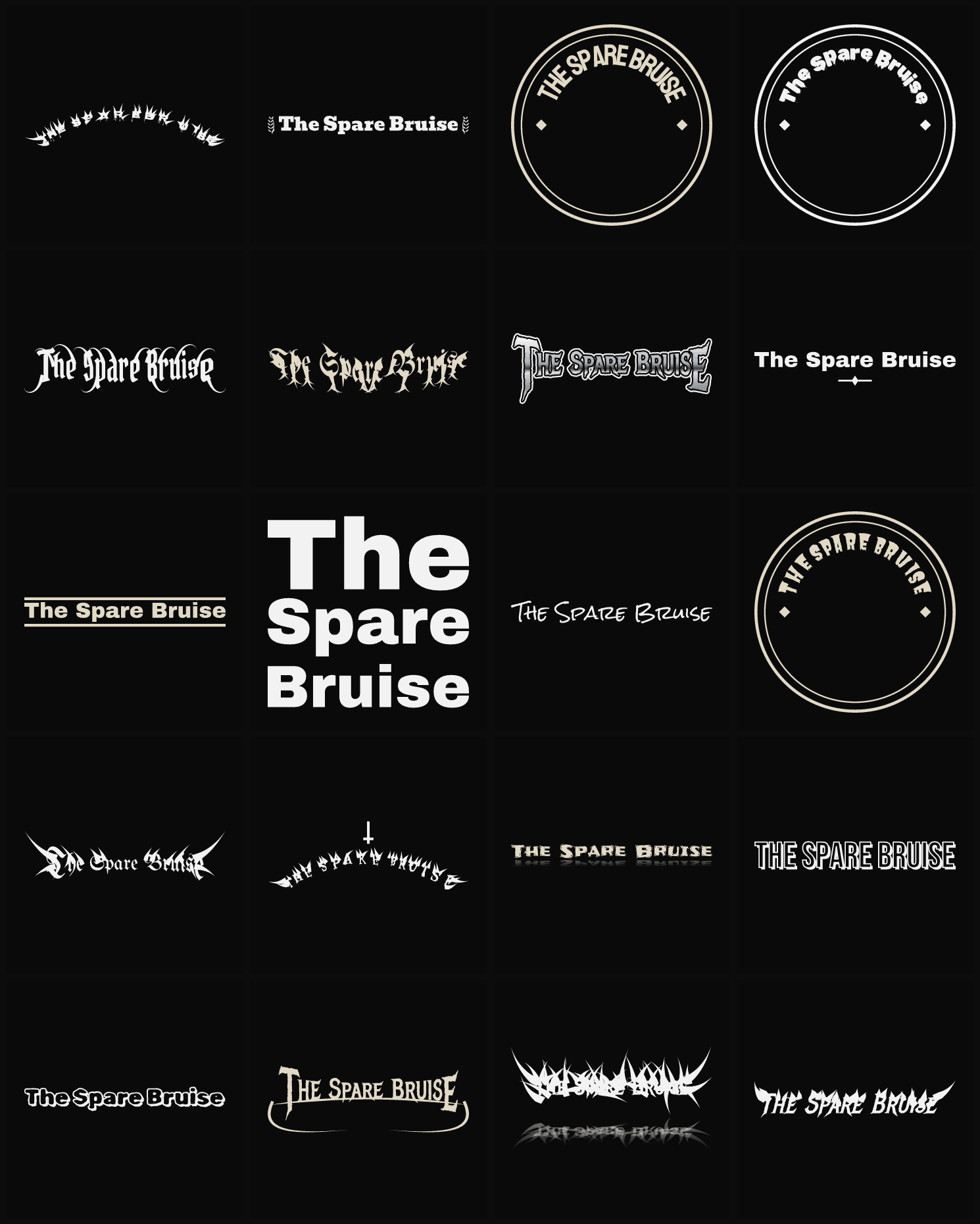 Twenty The Spare Bruise band logo ideas — different faces, treatments and spike settings