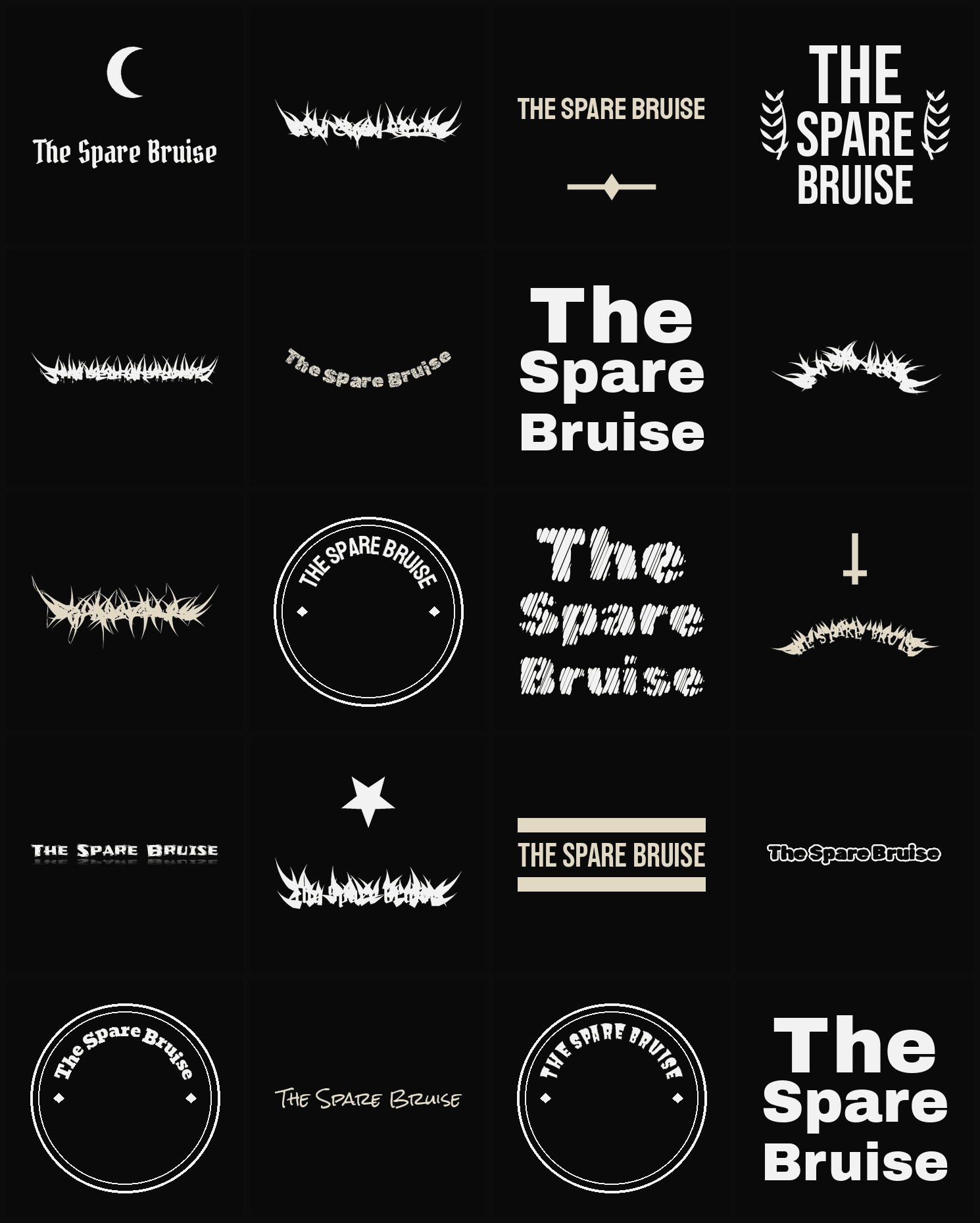 Twenty The Spare Bruise band logo ideas — different faces, treatments and spike settings