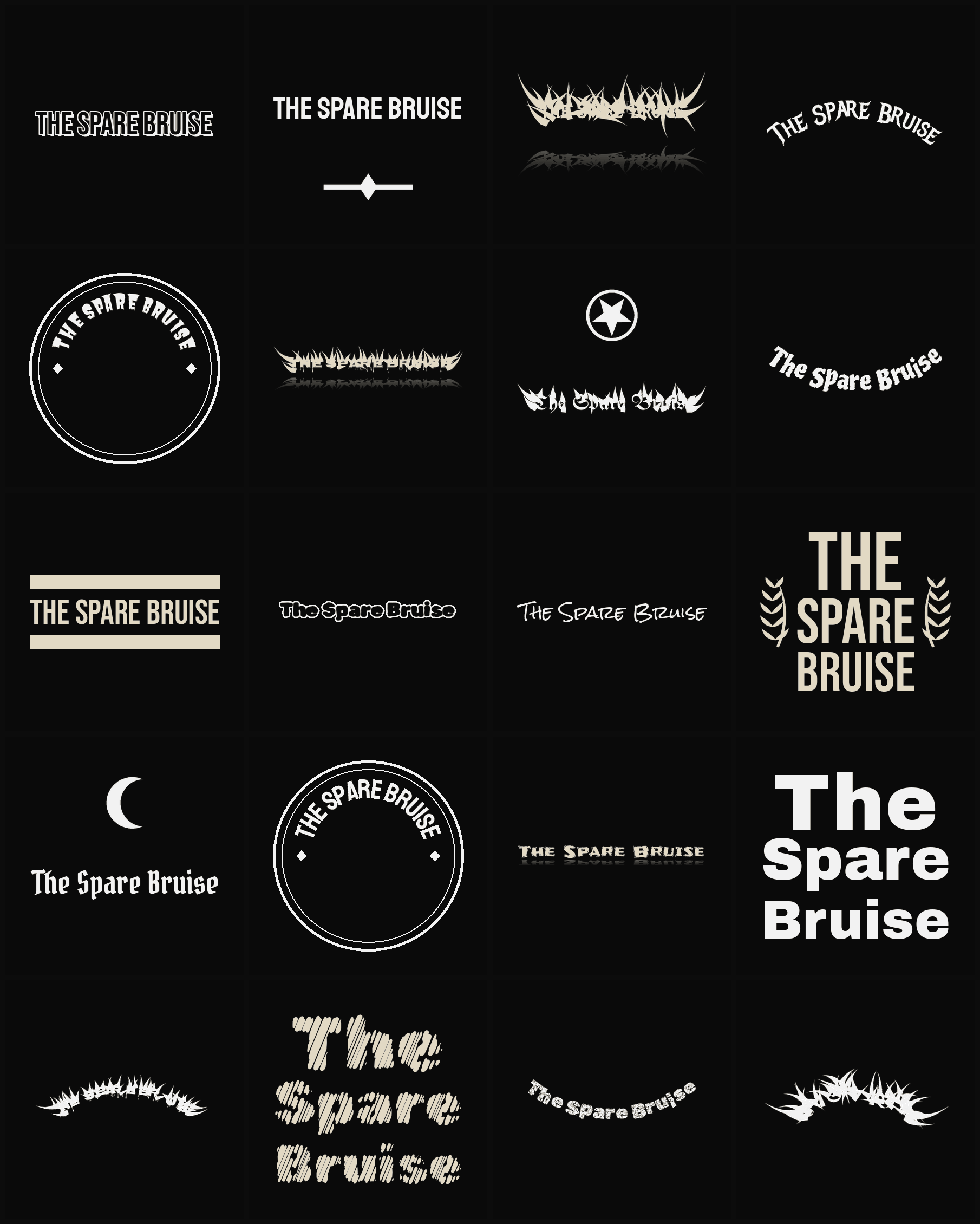 Twenty The Spare Bruise band logo ideas — different faces, treatments and spike settings