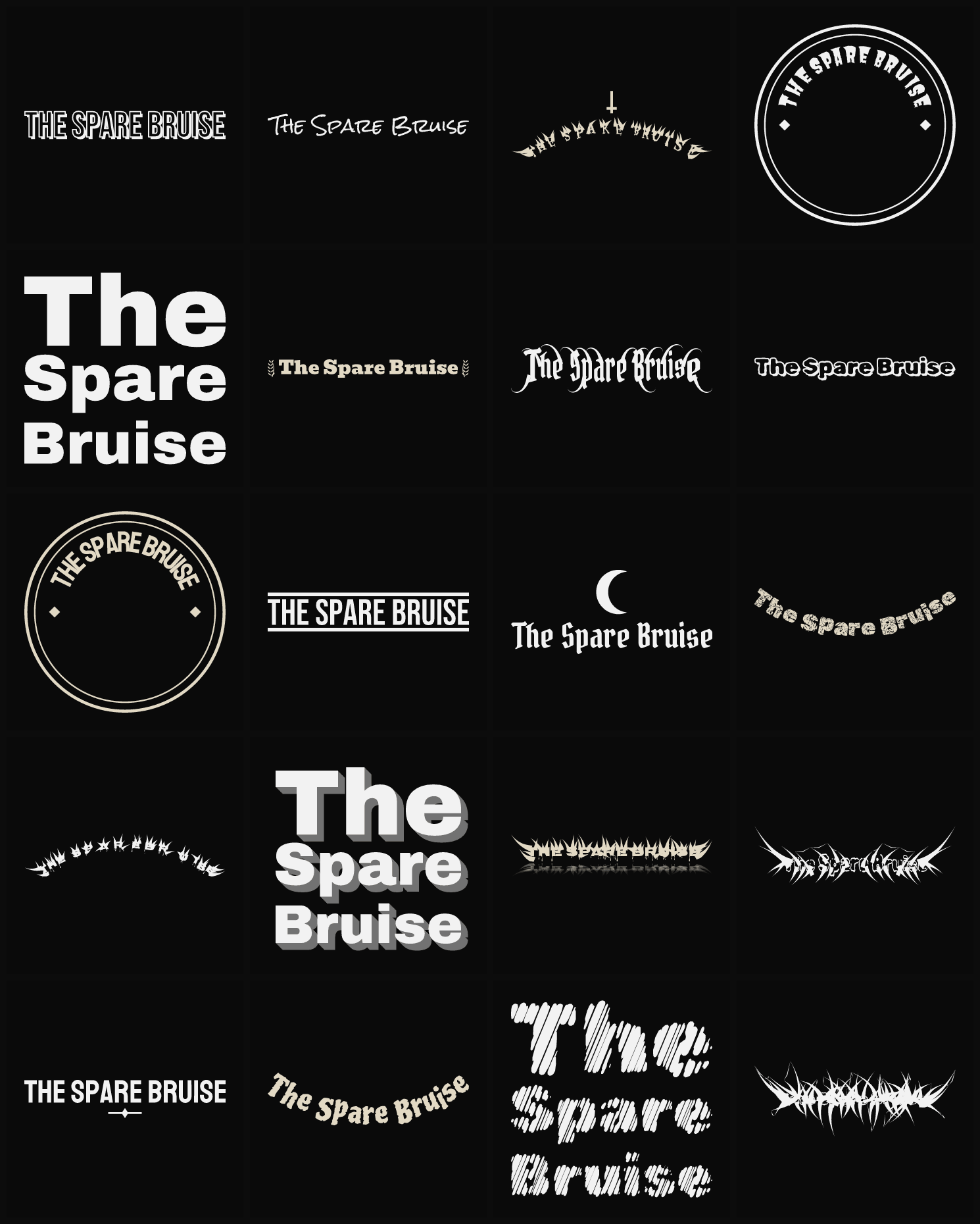 Twenty The Spare Bruise band logo ideas — different faces, treatments and spike settings