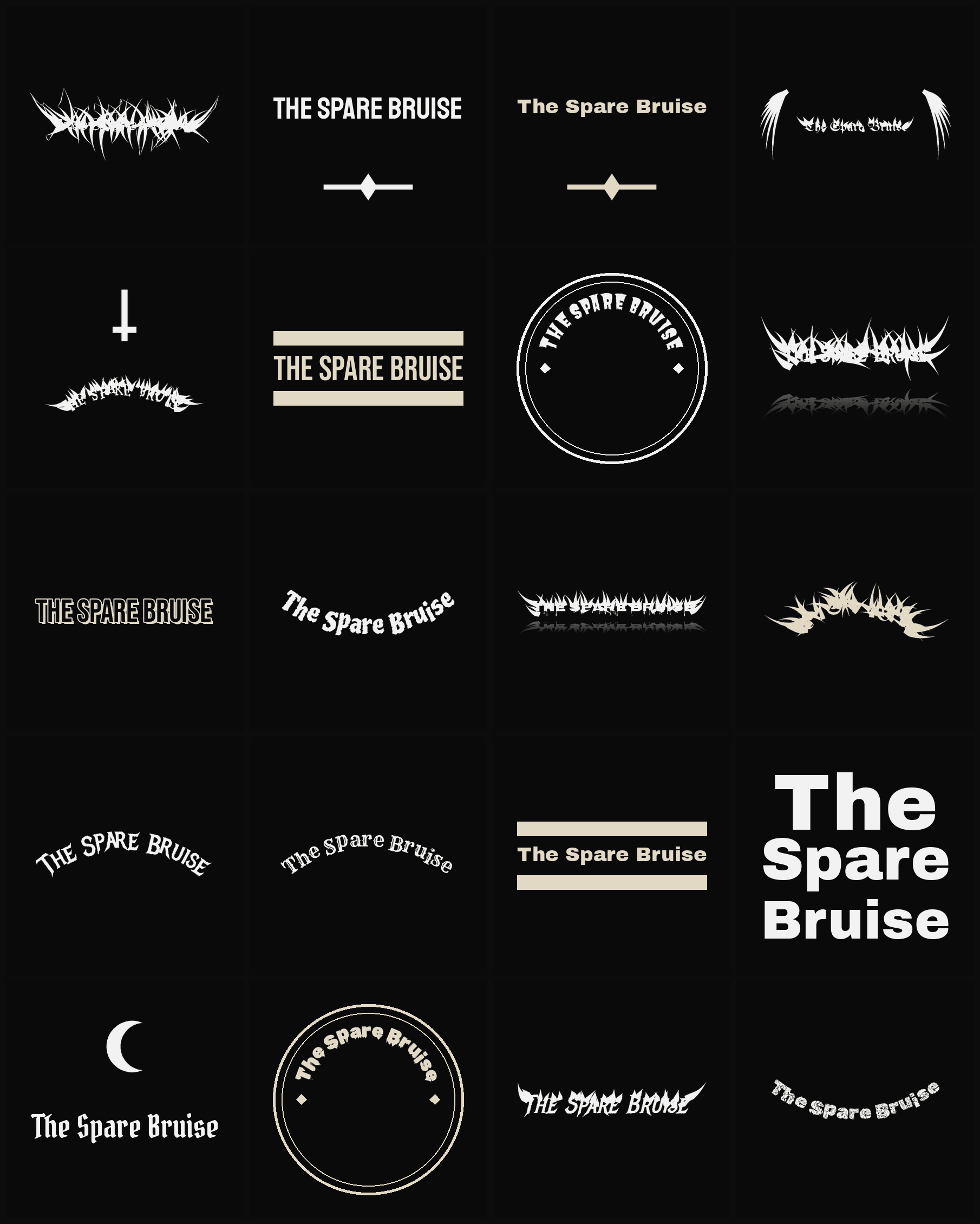 Twenty The Spare Bruise band logo ideas — different faces, treatments and spike settings