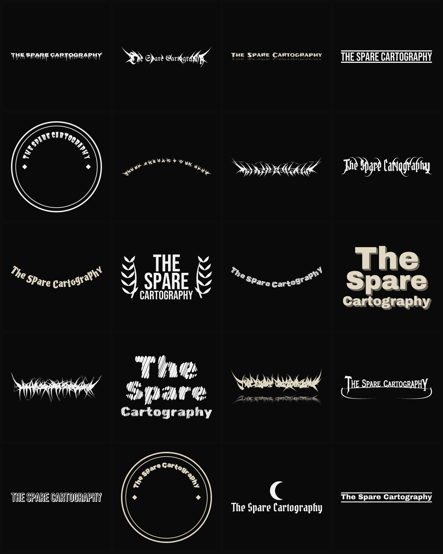 Twenty The Spare Cartography band logo ideas — different faces, treatments and spike settings