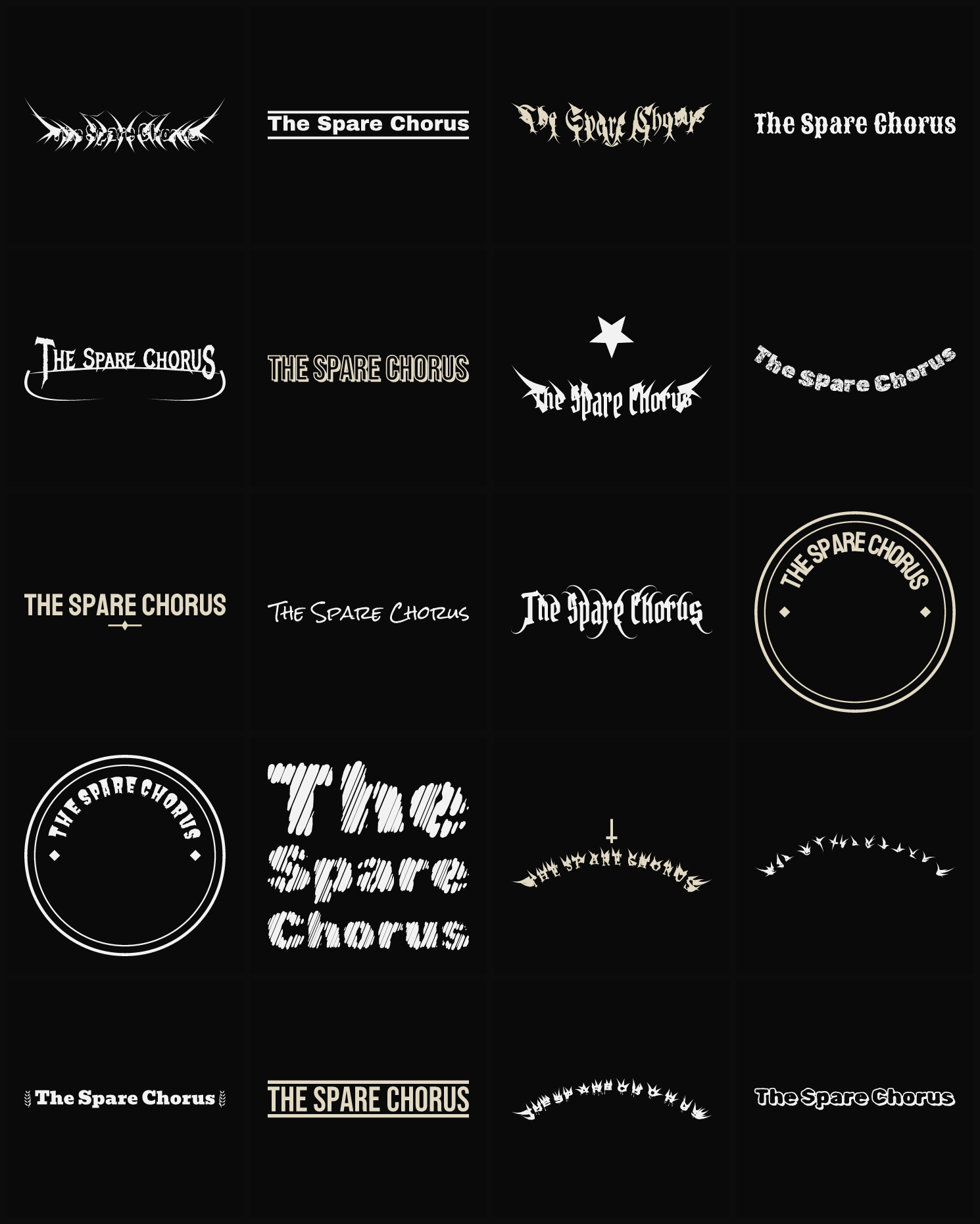 Twenty The Spare Chorus band logo ideas — different faces, treatments and spike settings