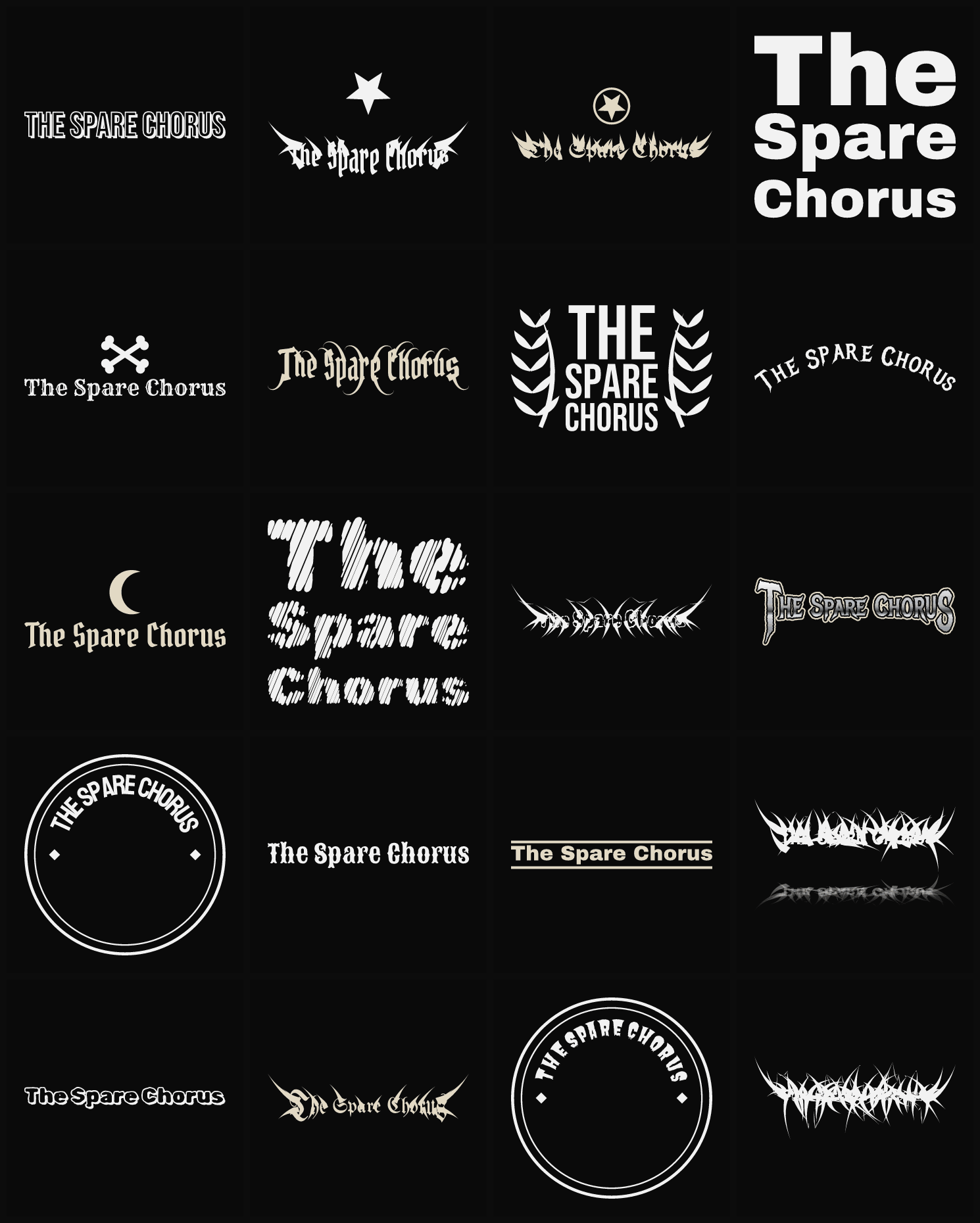 Twenty The Spare Chorus band logo ideas — different faces, treatments and spike settings