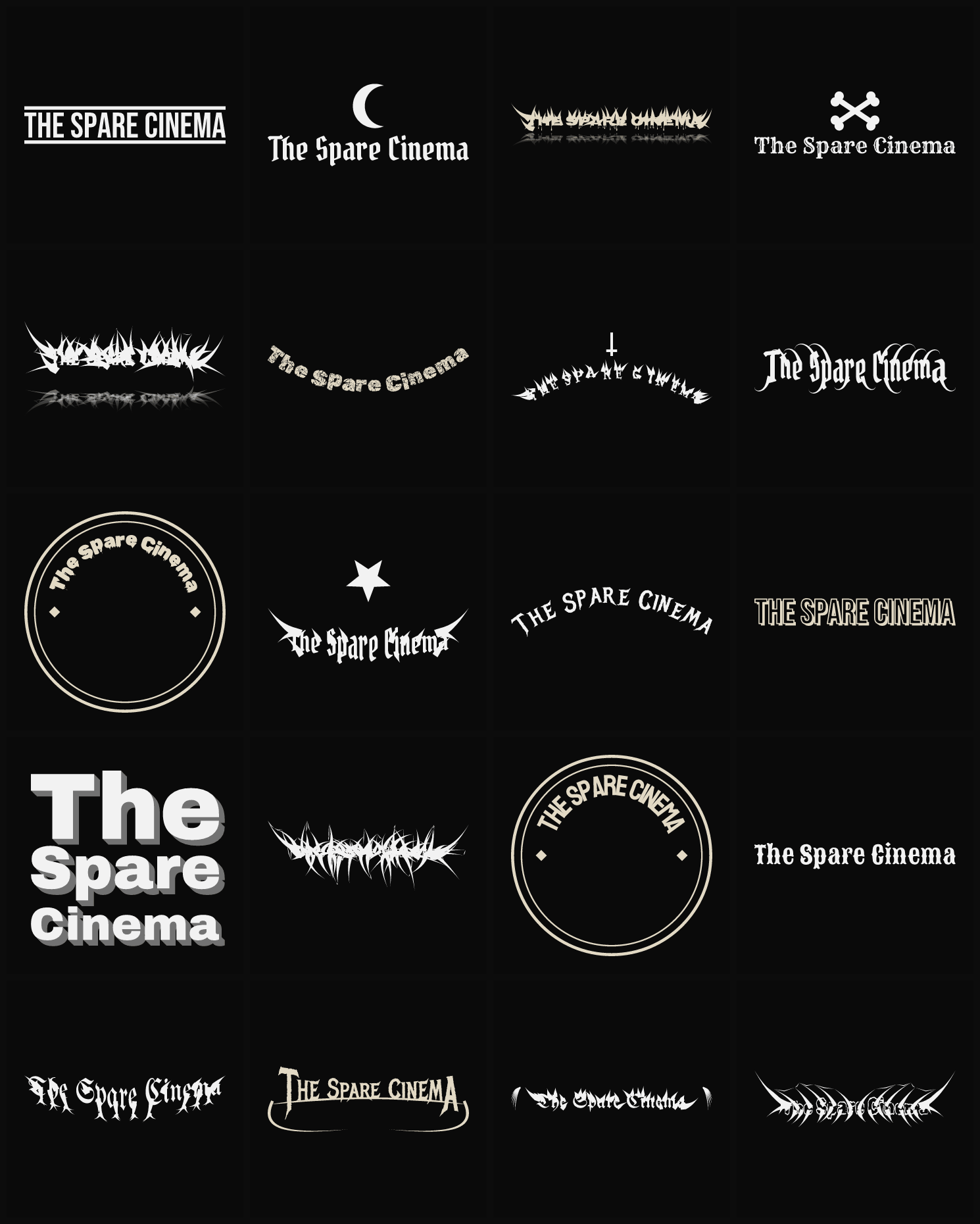 Twenty The Spare Cinema band logo ideas — different faces, treatments and spike settings