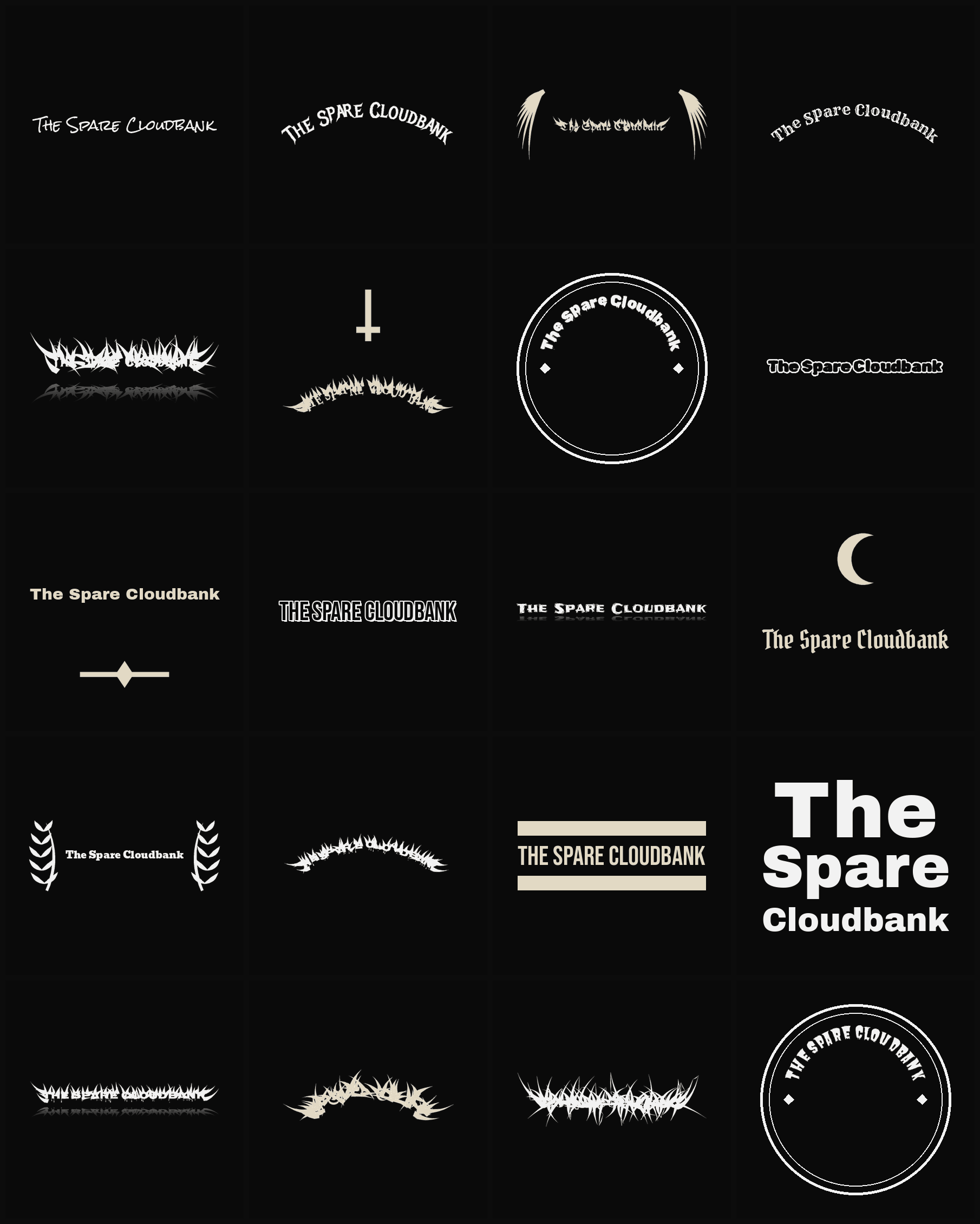 Twenty The Spare Cloudbank band logo ideas — different faces, treatments and spike settings