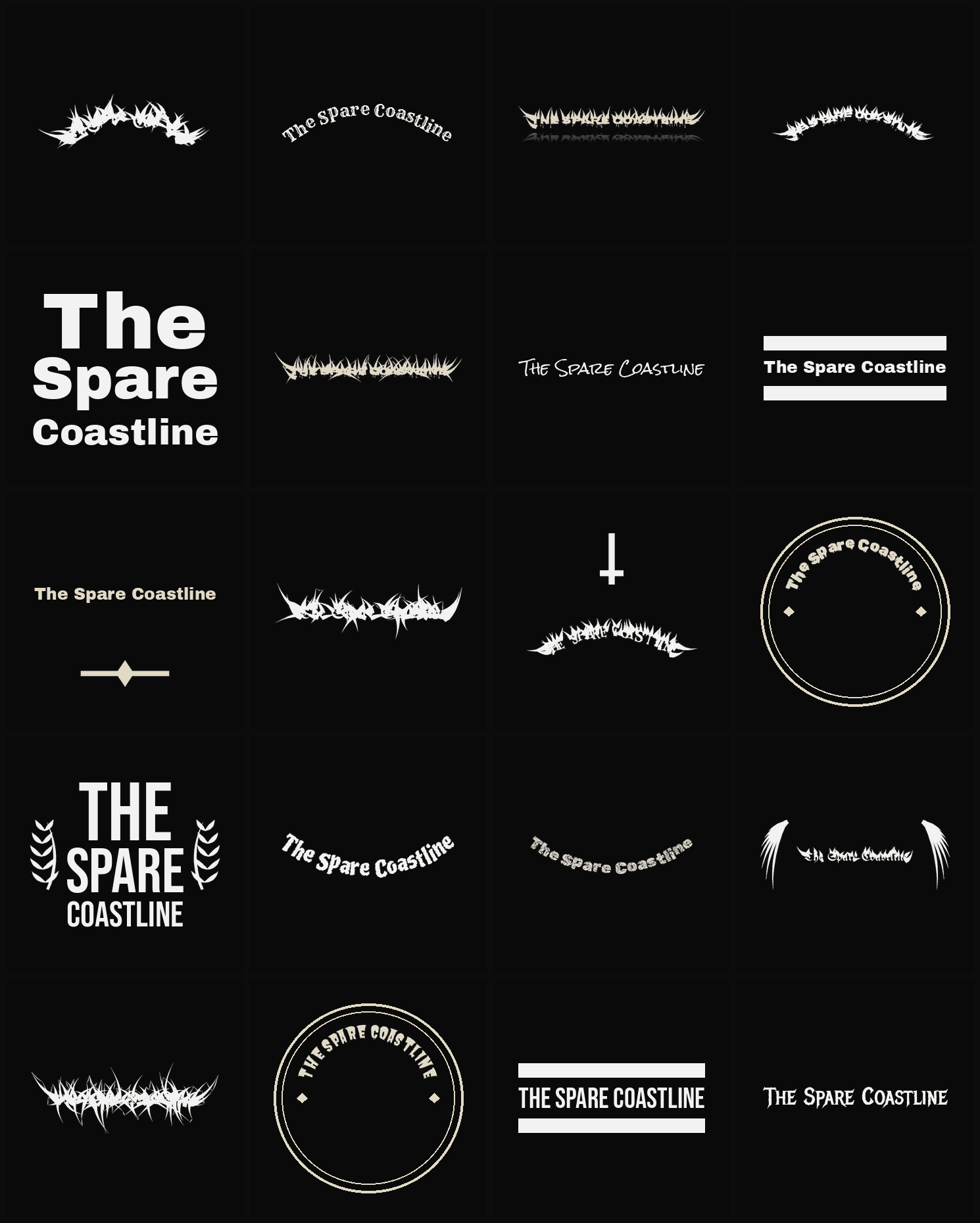 Twenty The Spare Coastline band logo ideas — different faces, treatments and spike settings