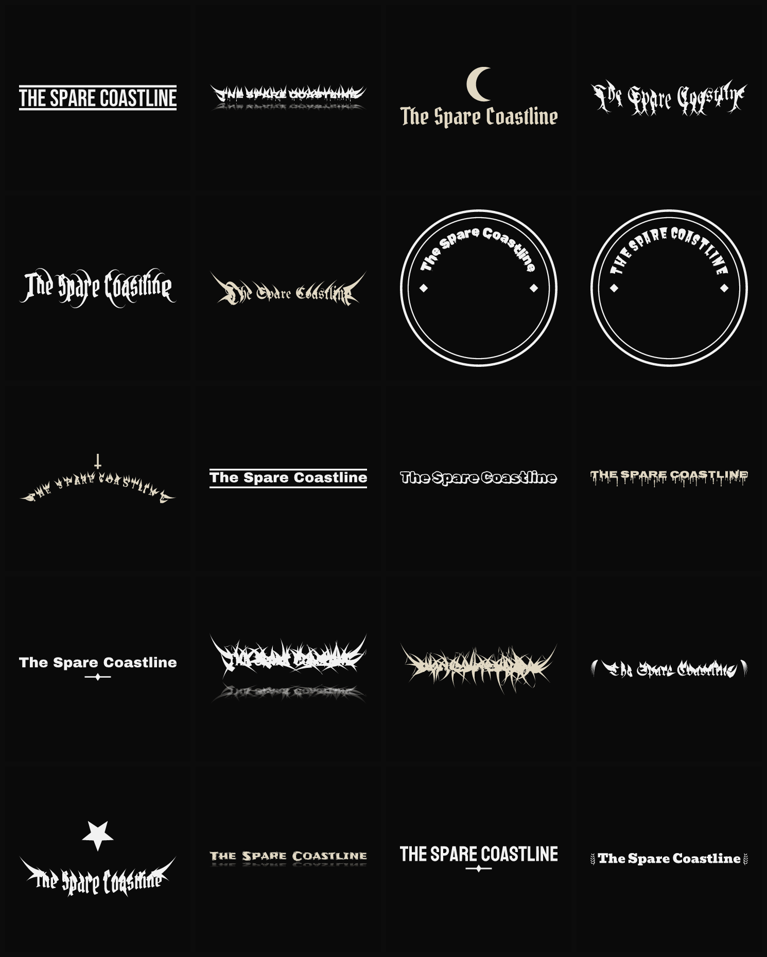 Twenty The Spare Coastline band logo ideas — different faces, treatments and spike settings