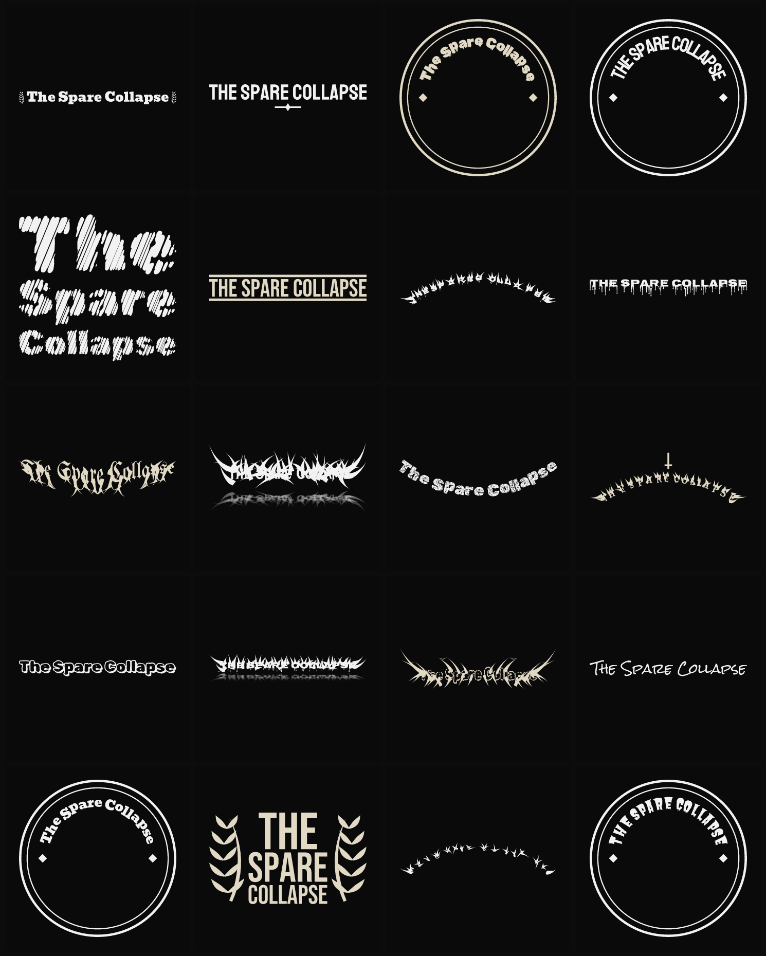 Twenty The Spare Collapse band logo ideas — different faces, treatments and spike settings