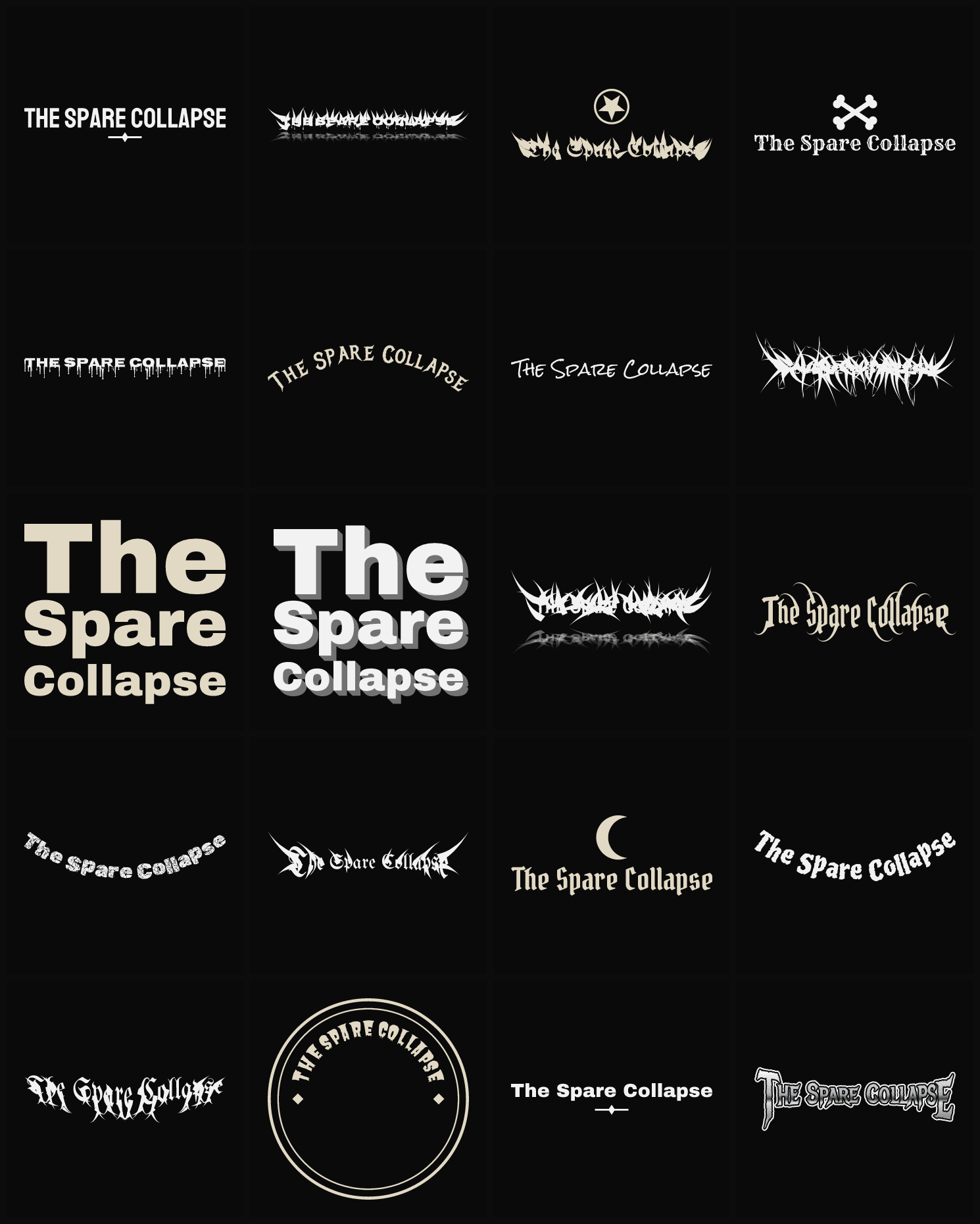 Twenty The Spare Collapse band logo ideas — different faces, treatments and spike settings