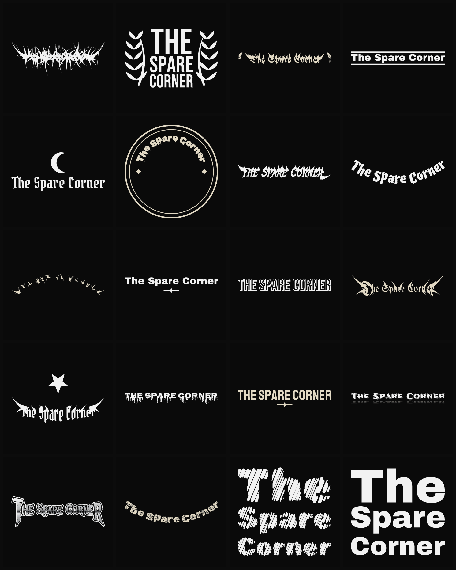 Twenty The Spare Corner band logo ideas — different faces, treatments and spike settings