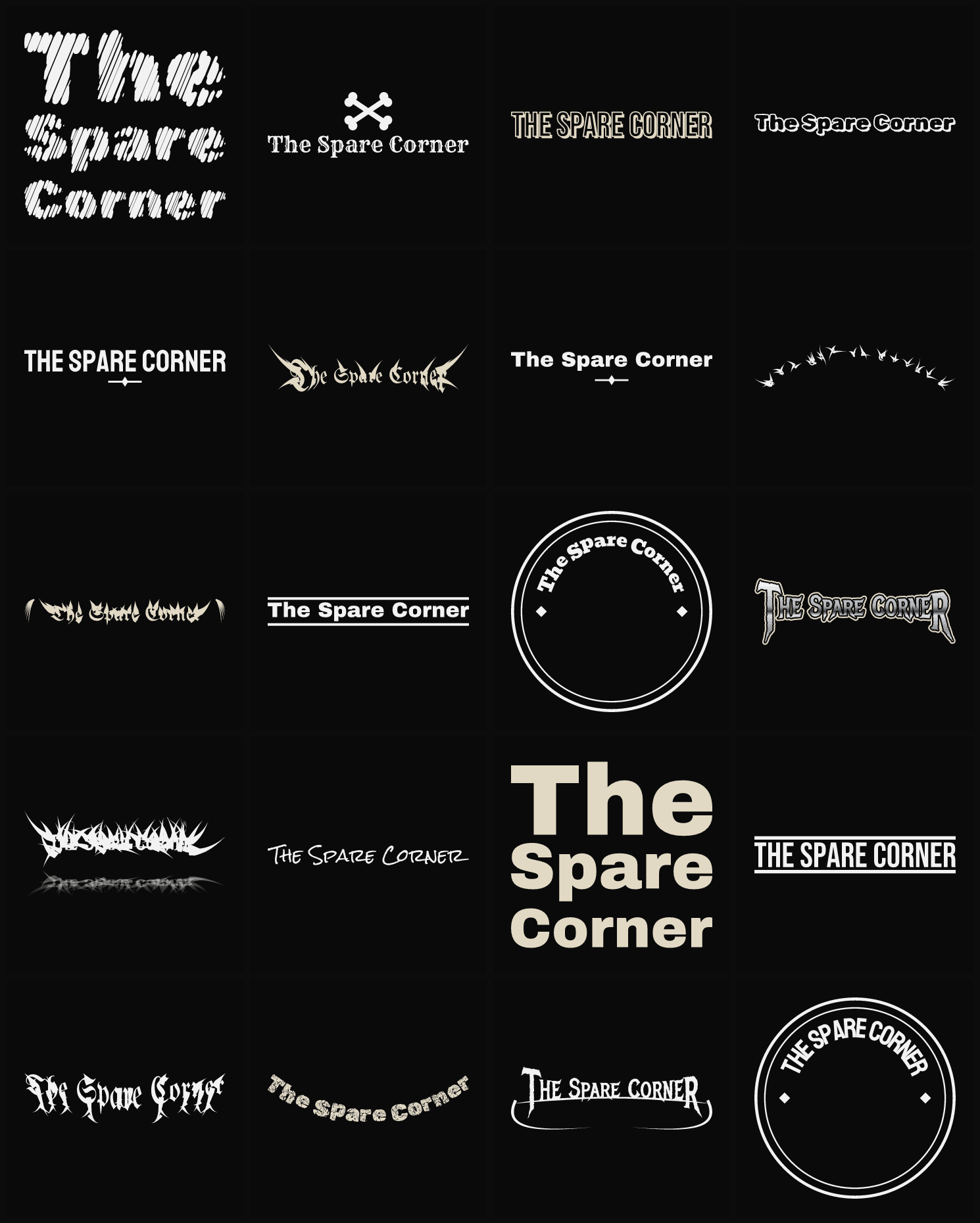 Twenty The Spare Corner band logo ideas — different faces, treatments and spike settings