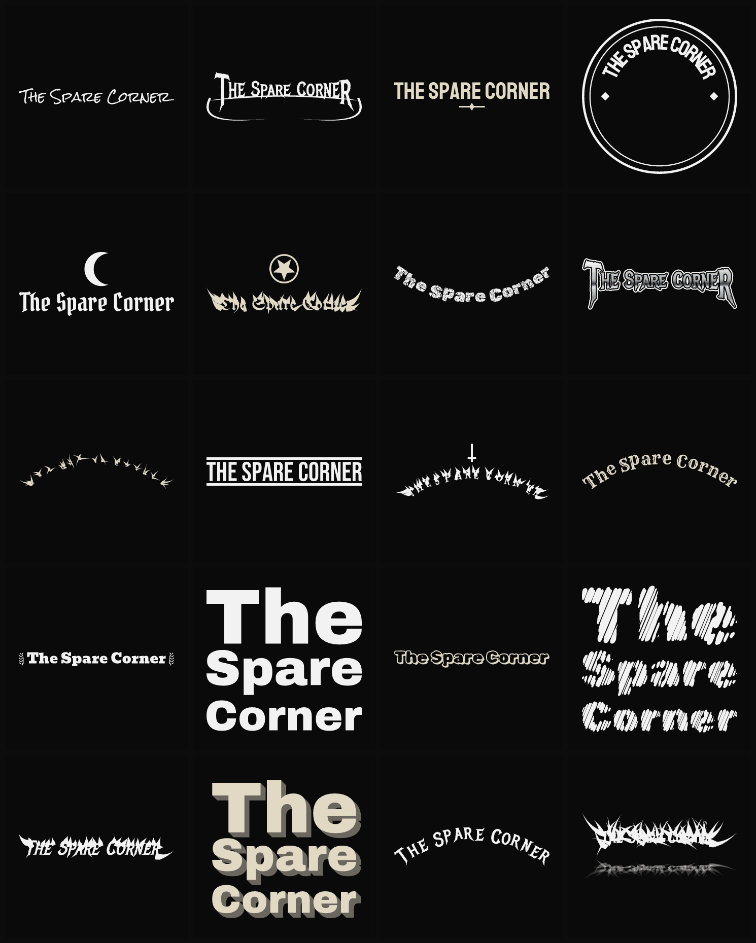Twenty The Spare Corner band logo ideas — different faces, treatments and spike settings