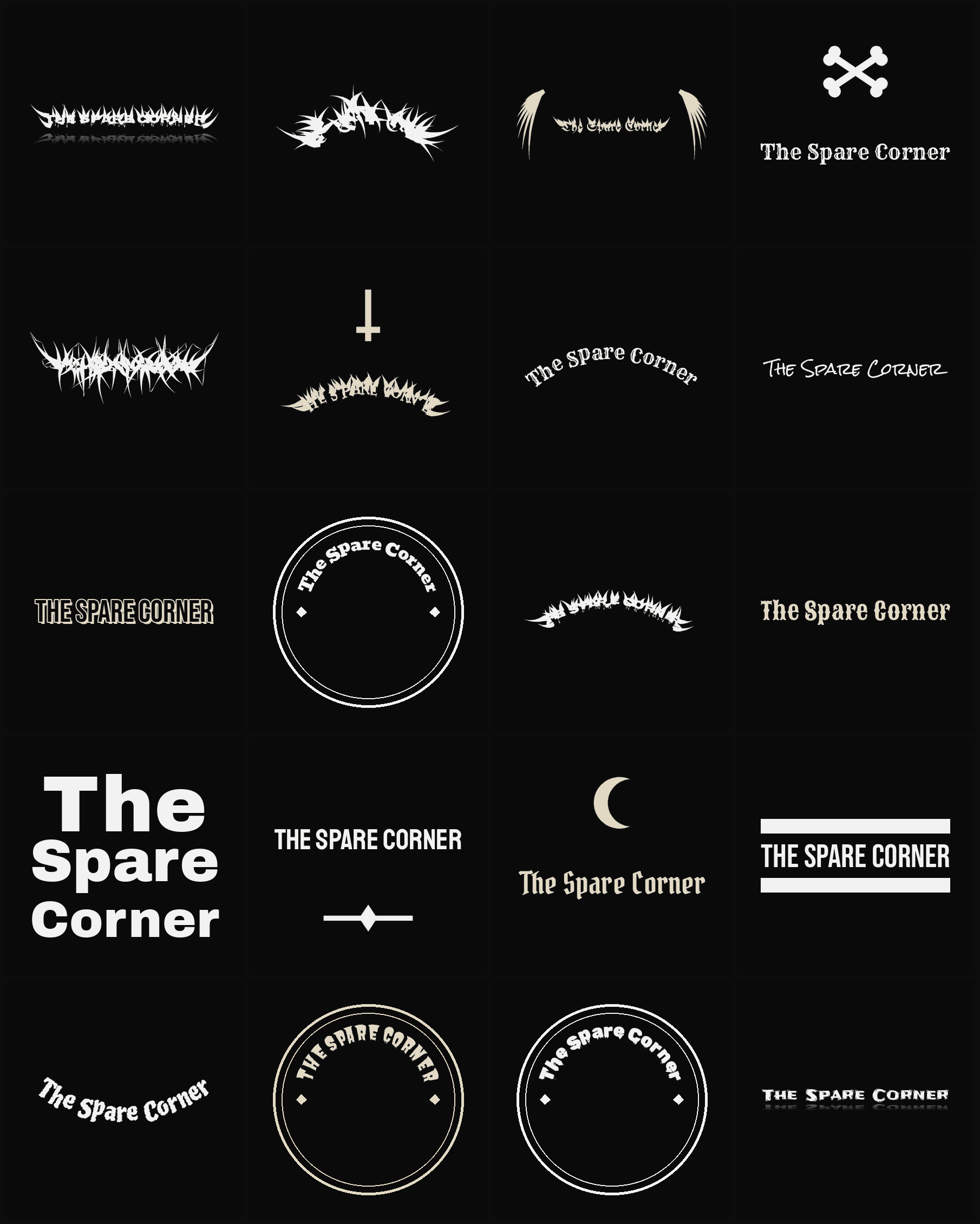 Twenty The Spare Corner band logo ideas — different faces, treatments and spike settings