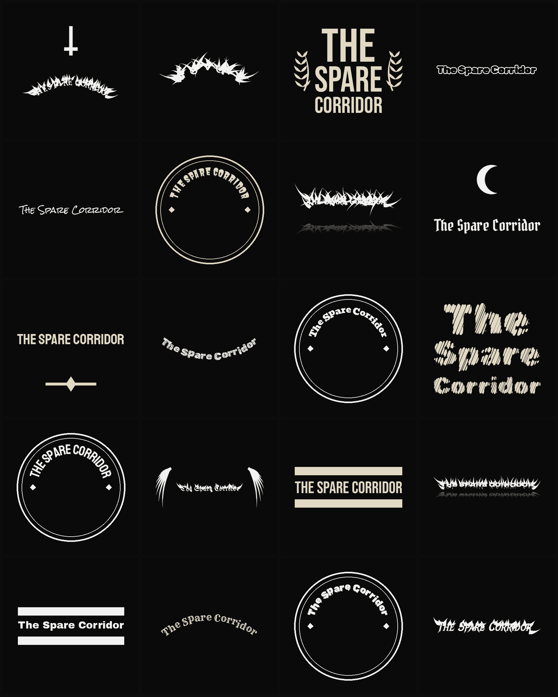 Twenty The Spare Corridor band logo ideas — different faces, treatments and spike settings