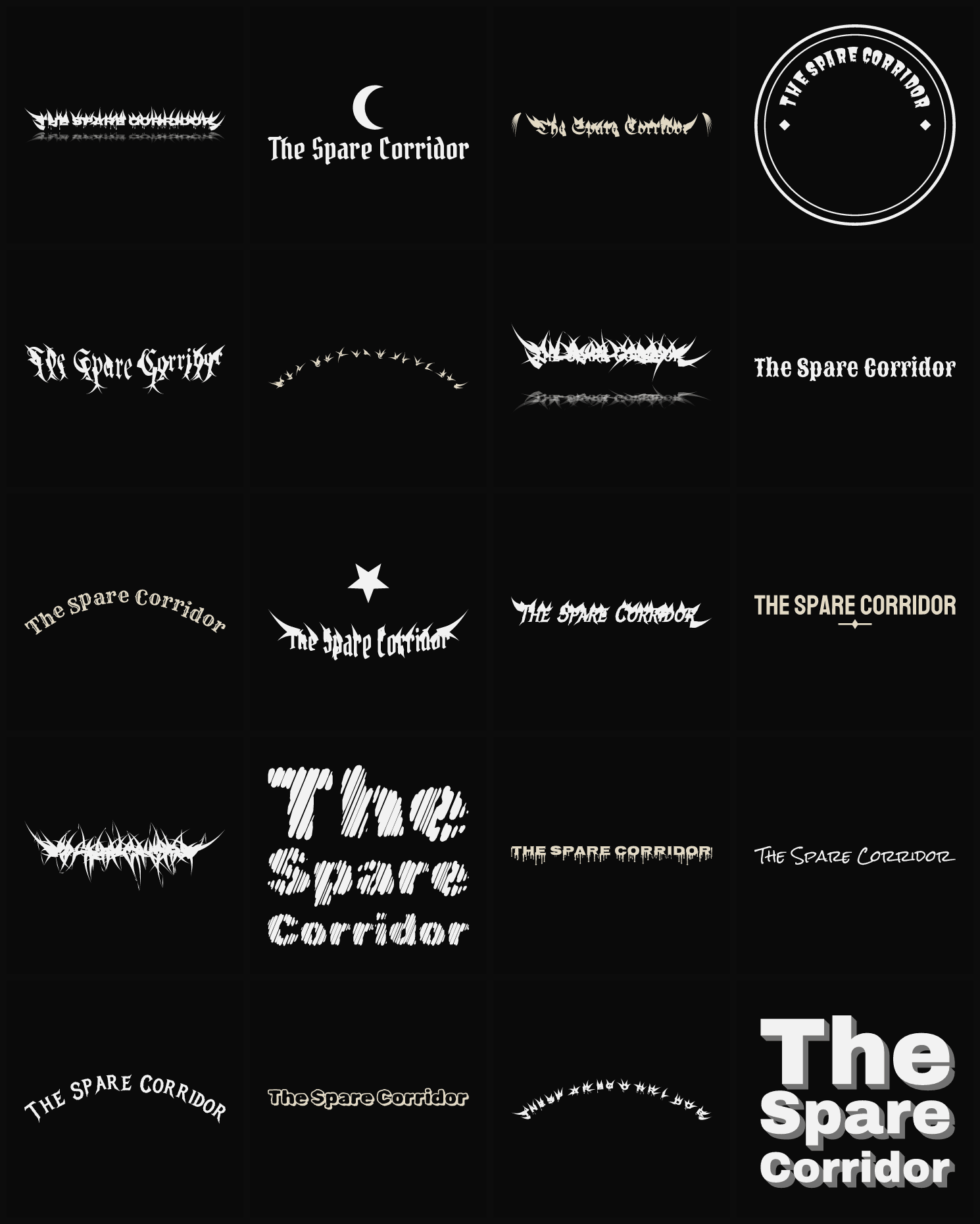 Twenty The Spare Corridor band logo ideas — different faces, treatments and spike settings