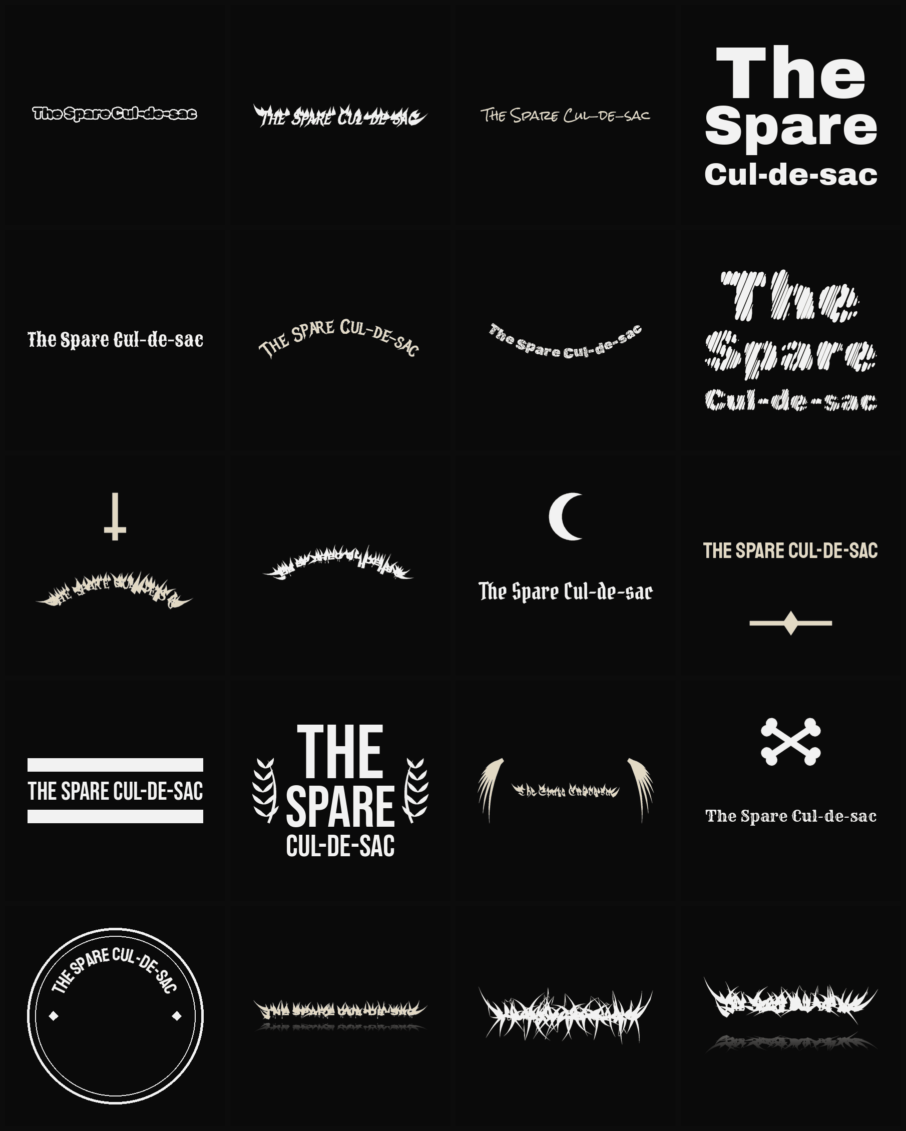 Twenty The Spare Cul-de-sac band logo ideas — different faces, treatments and spike settings