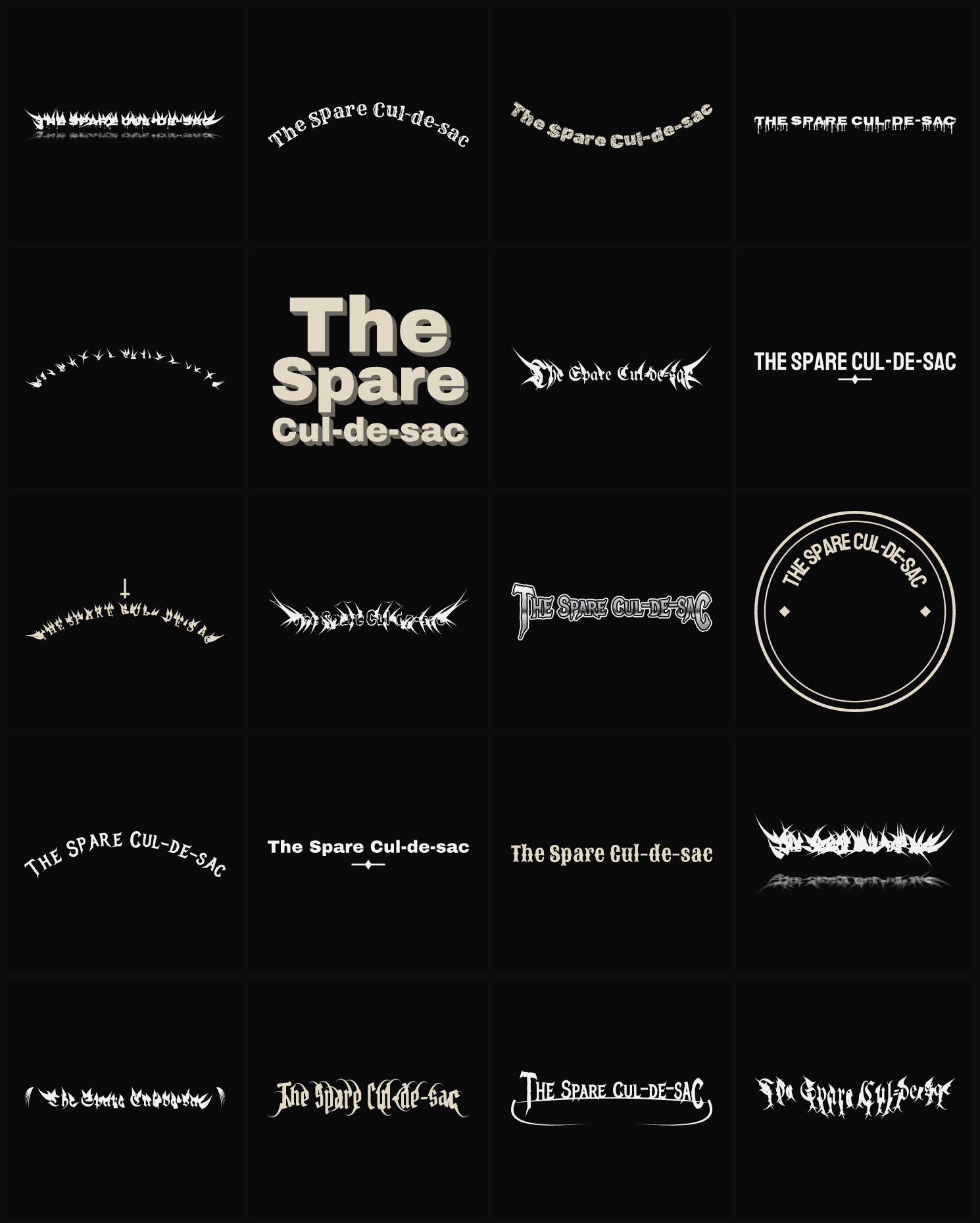 Twenty The Spare Cul-de-sac band logo ideas — different faces, treatments and spike settings
