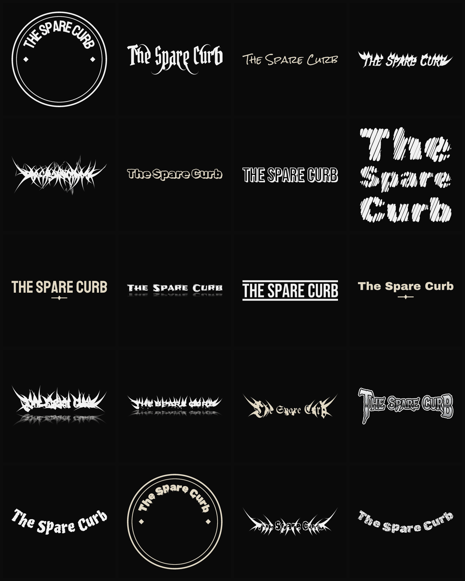 Twenty The Spare Curb band logo ideas — different faces, treatments and spike settings