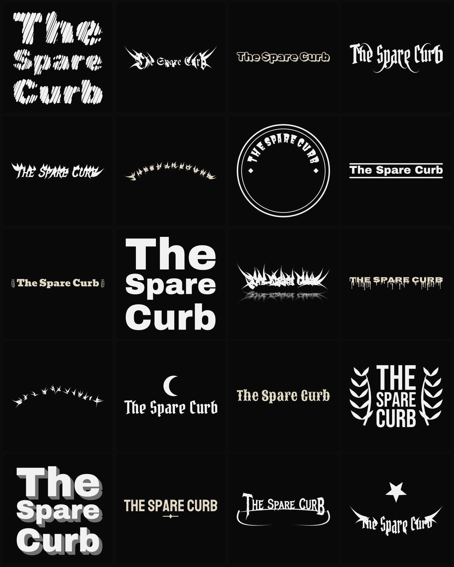 Twenty The Spare Curb band logo ideas — different faces, treatments and spike settings