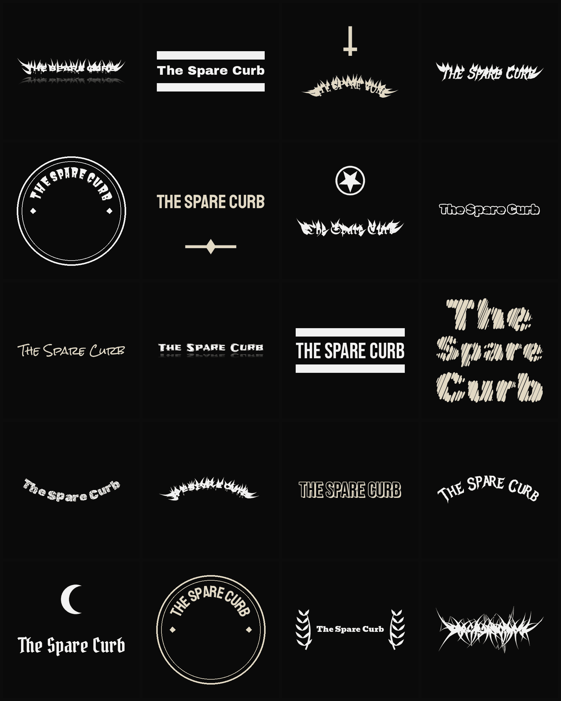 Twenty The Spare Curb band logo ideas — different faces, treatments and spike settings