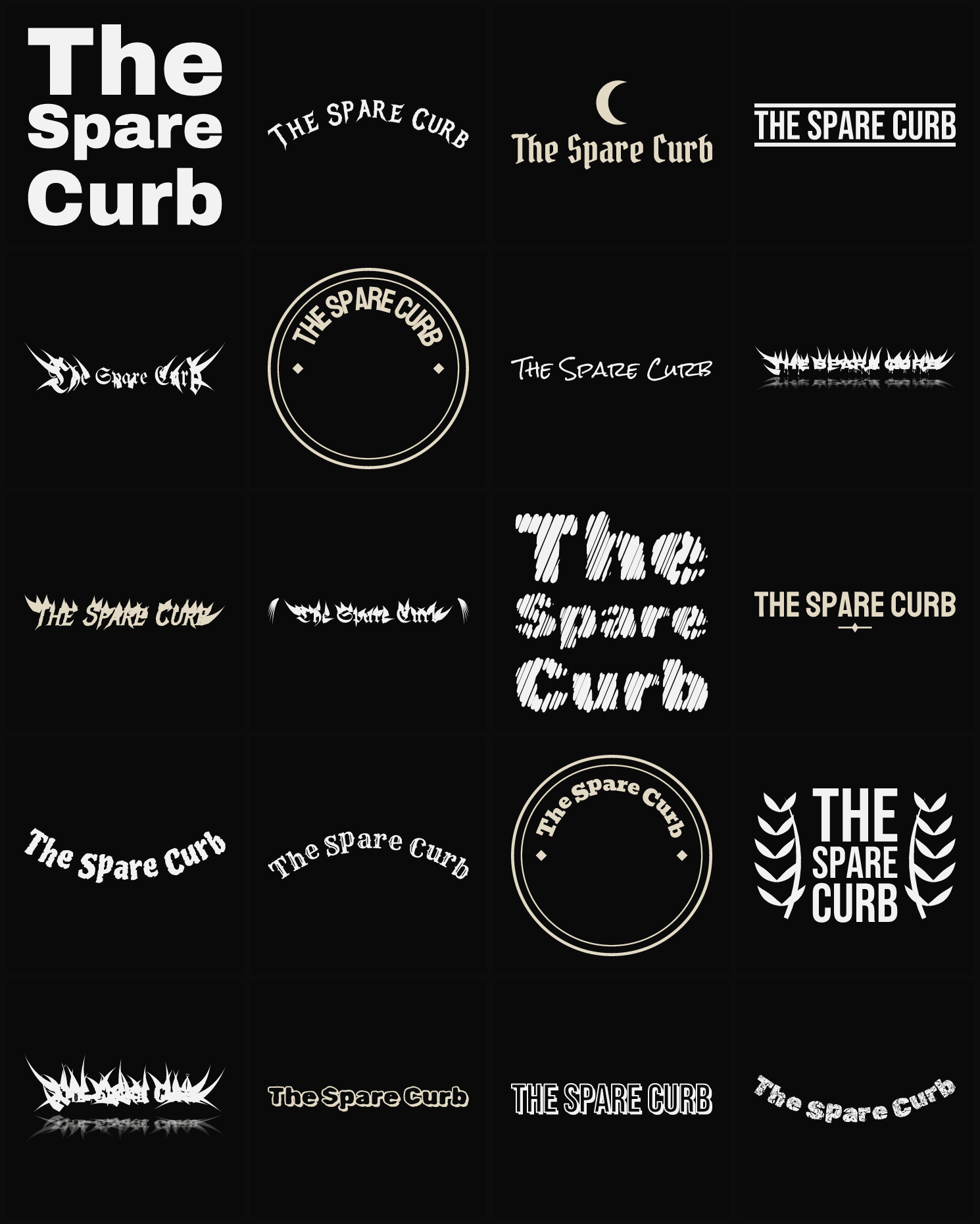 Twenty The Spare Curb band logo ideas — different faces, treatments and spike settings