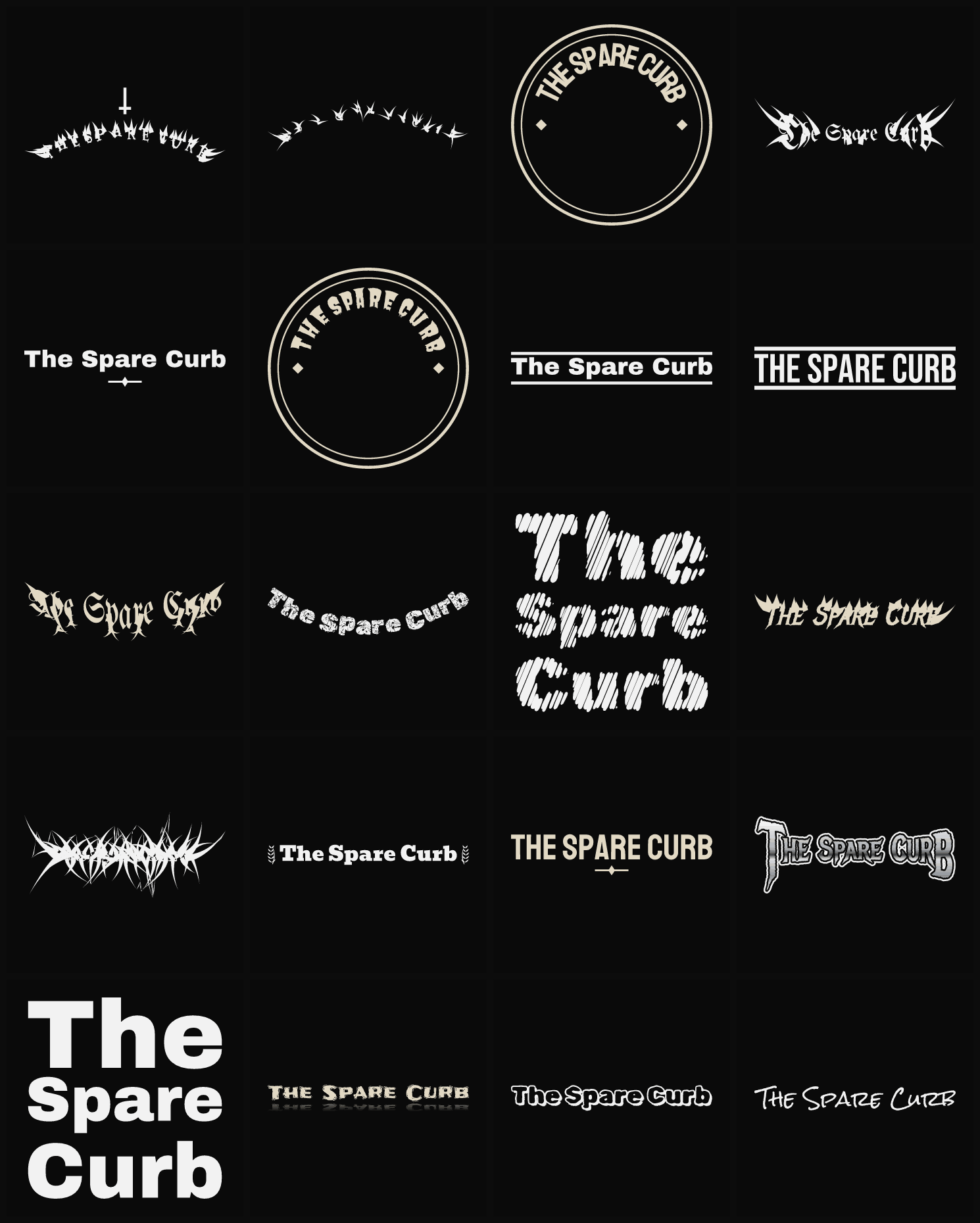 Twenty The Spare Curb band logo ideas — different faces, treatments and spike settings