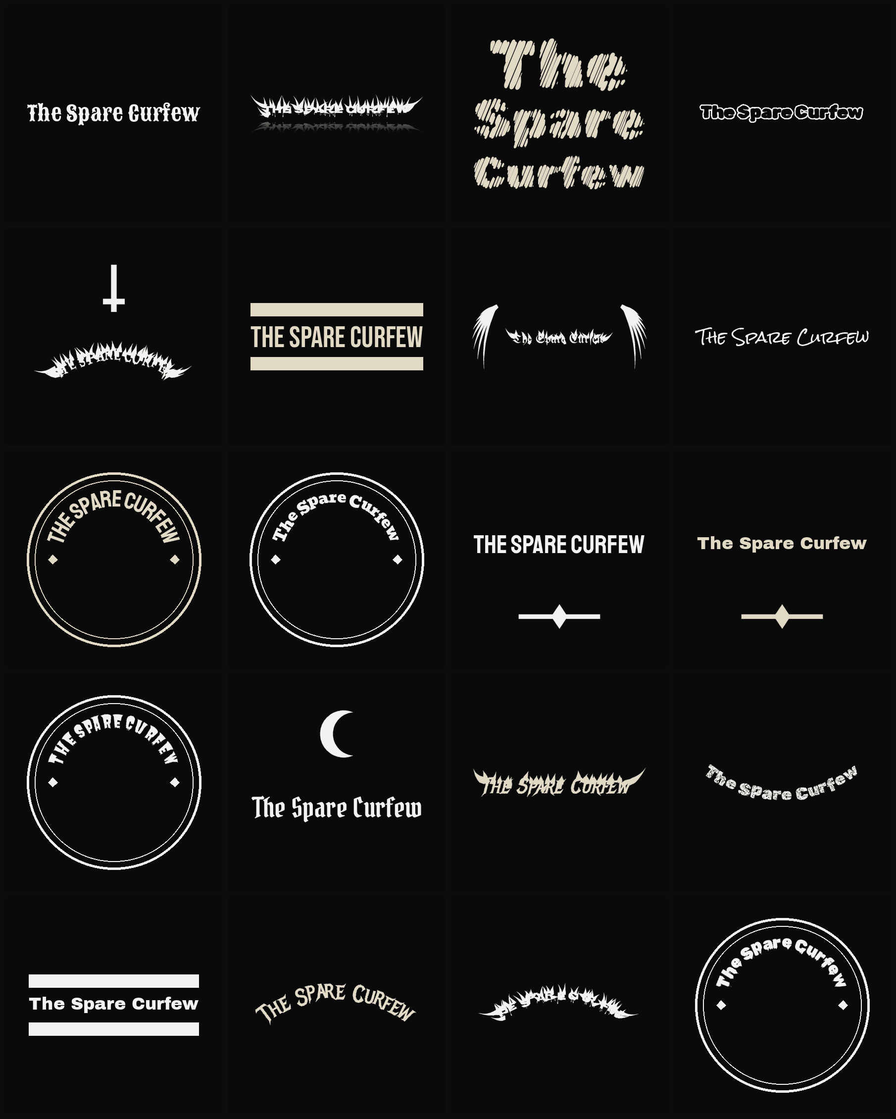 Twenty The Spare Curfew band logo ideas — different faces, treatments and spike settings
