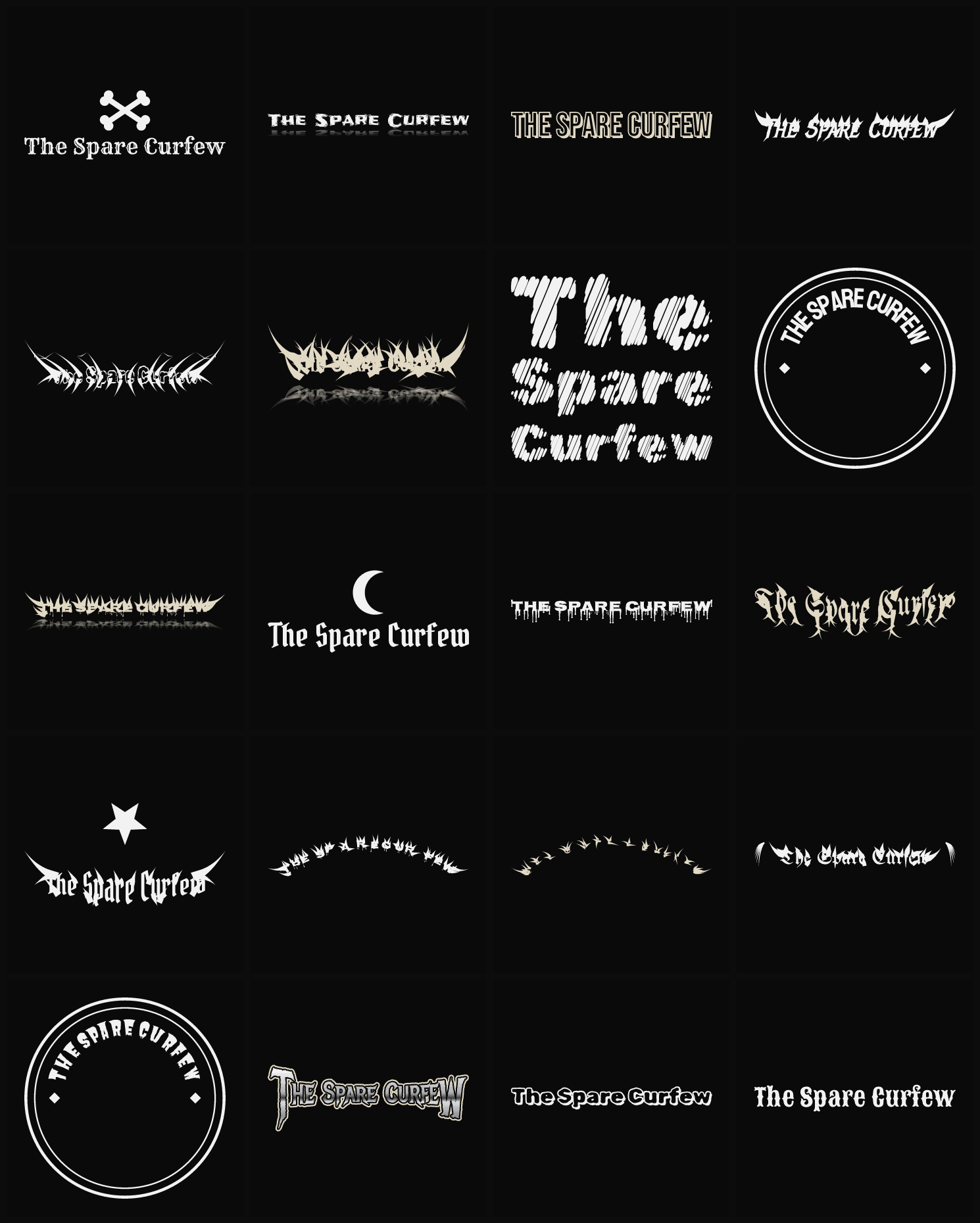 Twenty The Spare Curfew band logo ideas — different faces, treatments and spike settings