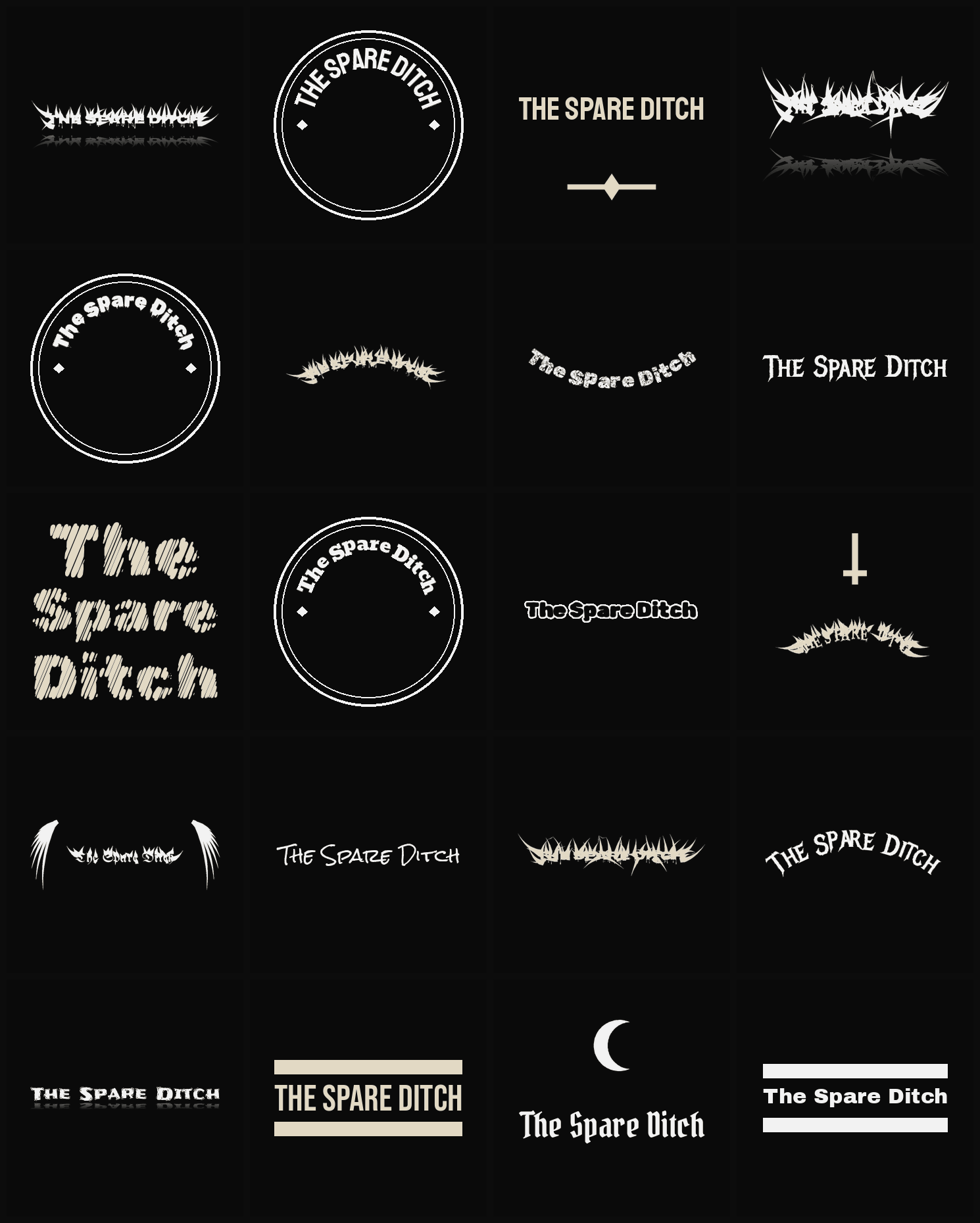 Twenty The Spare Ditch band logo ideas — different faces, treatments and spike settings