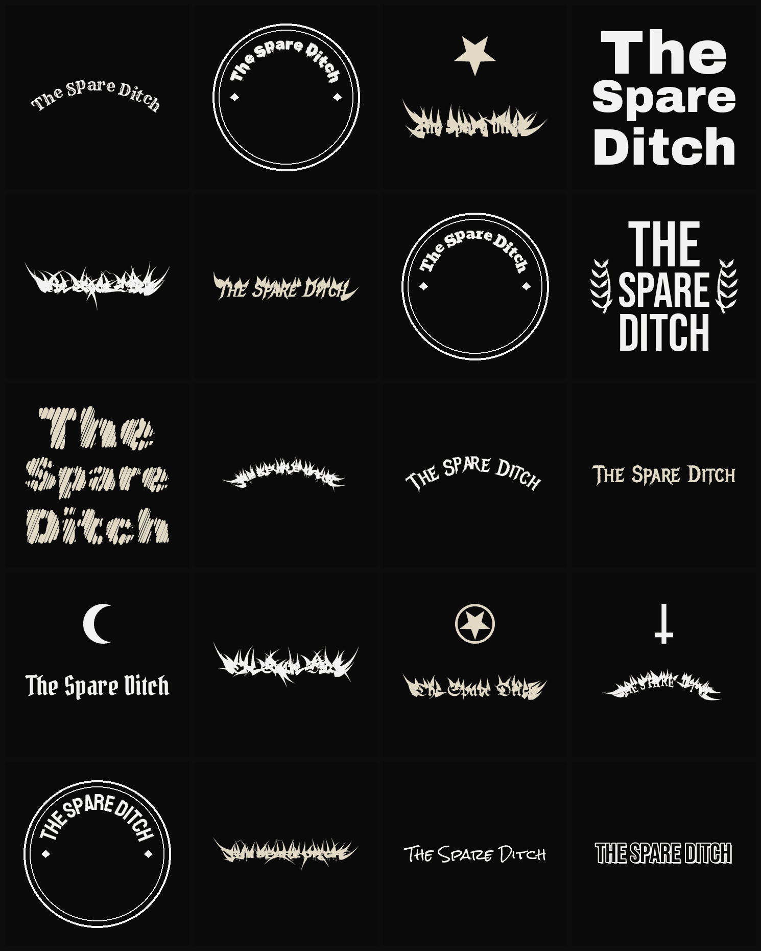 Twenty The Spare Ditch band logo ideas — different faces, treatments and spike settings