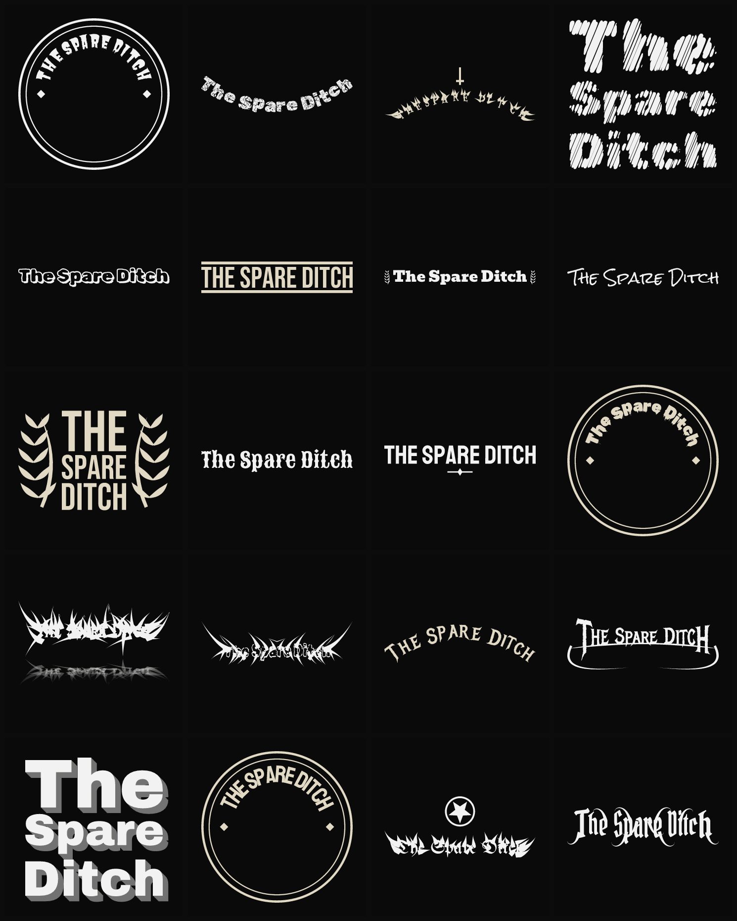 Twenty The Spare Ditch band logo ideas — different faces, treatments and spike settings