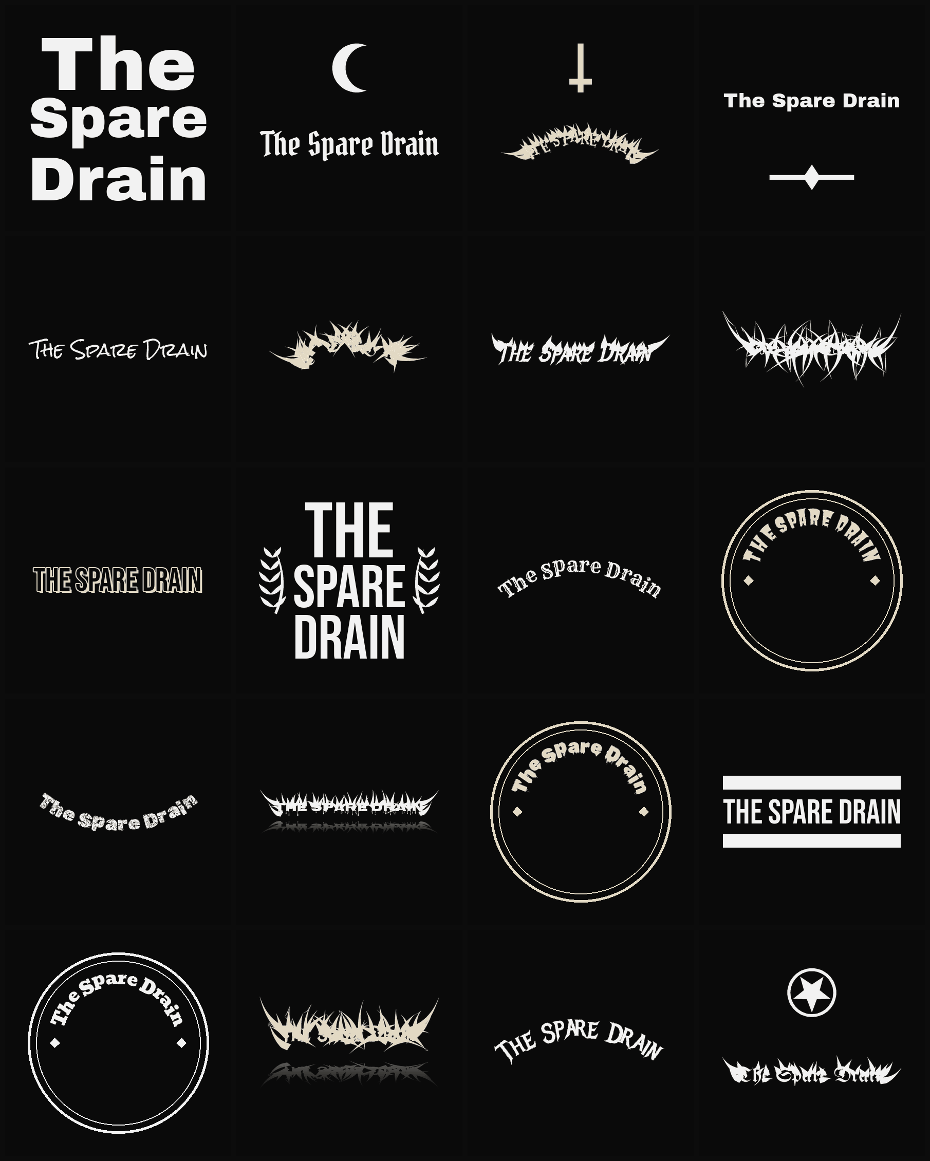 Twenty The Spare Drain band logo ideas — different faces, treatments and spike settings